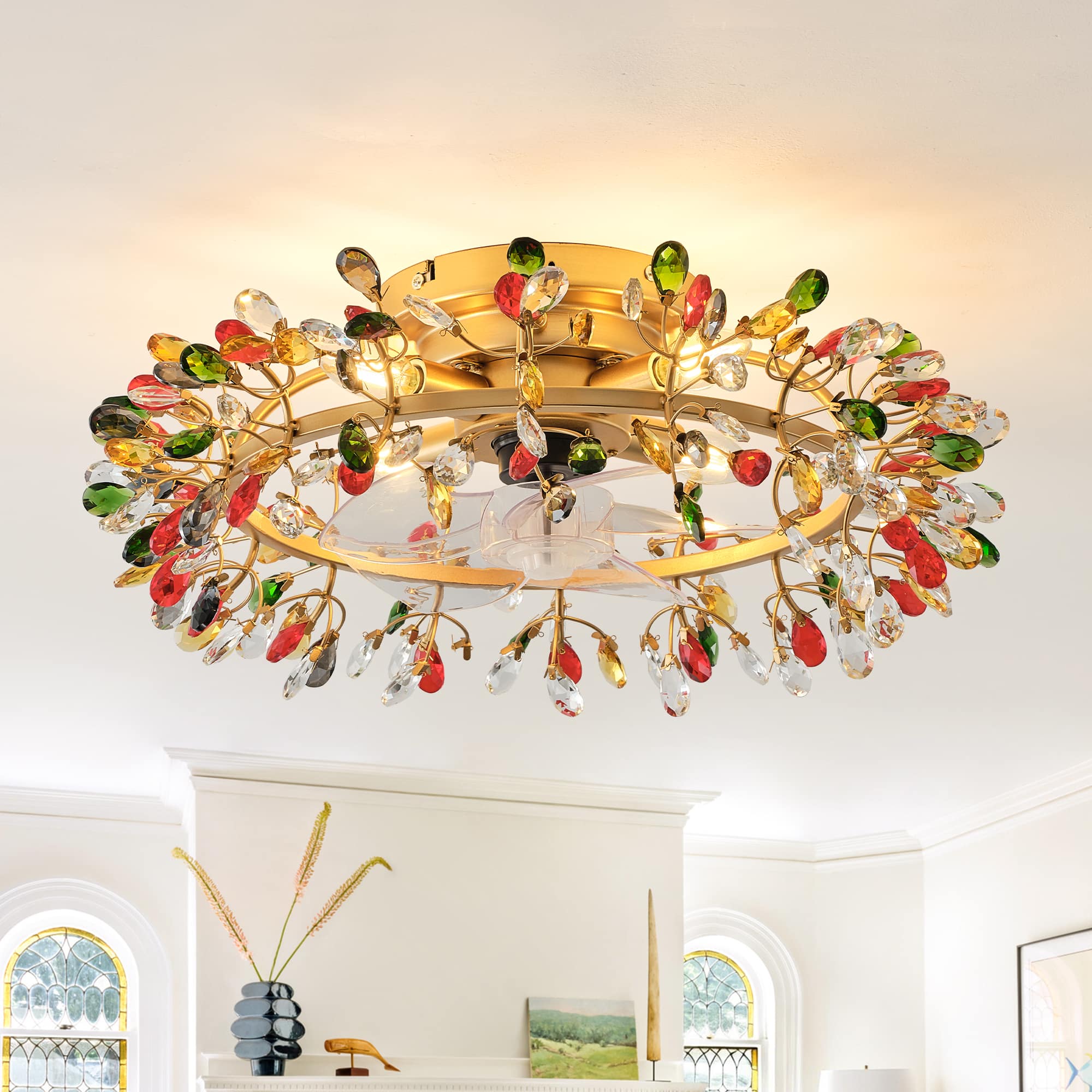 Parrot Uncle - Modern American Colourful Crystal Flush Mount Chandelier Ceiling Fan with Remote and Retractable Blades - Gold