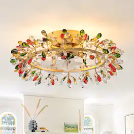 Parrot Uncle - Modern American Colourful Crystal Flush Mount Chandelier Ceiling Fan with Remote and Retractable Blades - Gold