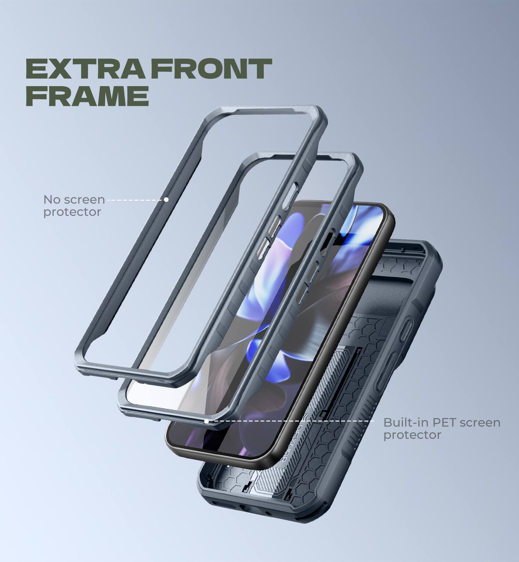 EXTRA FRONT FRAME

No screen protector

Built-in PET screen protector
