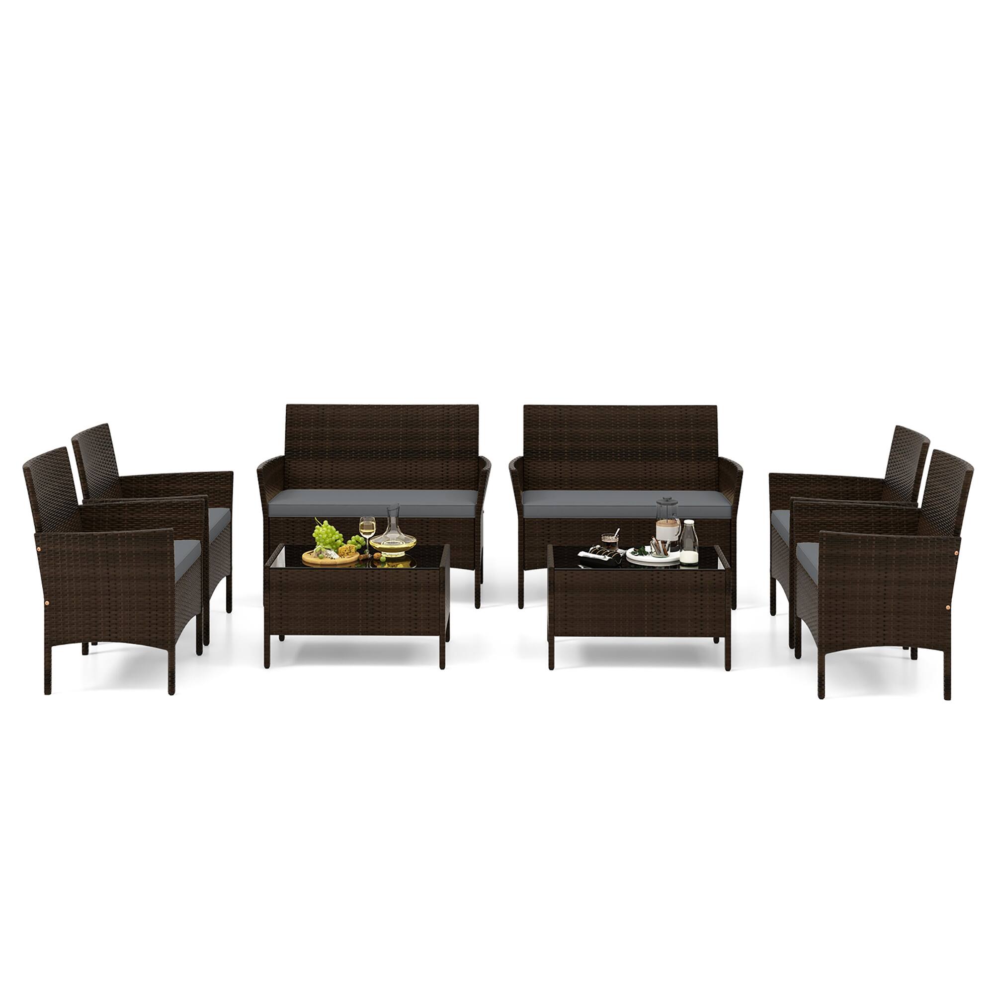 Alt View 1. Gymax - Gymax 8 Piece Patio Rattan Conversation Set Outdoor Wicker Furniture Set w/ Chair & Loveseat - Mix Brown, Gray.