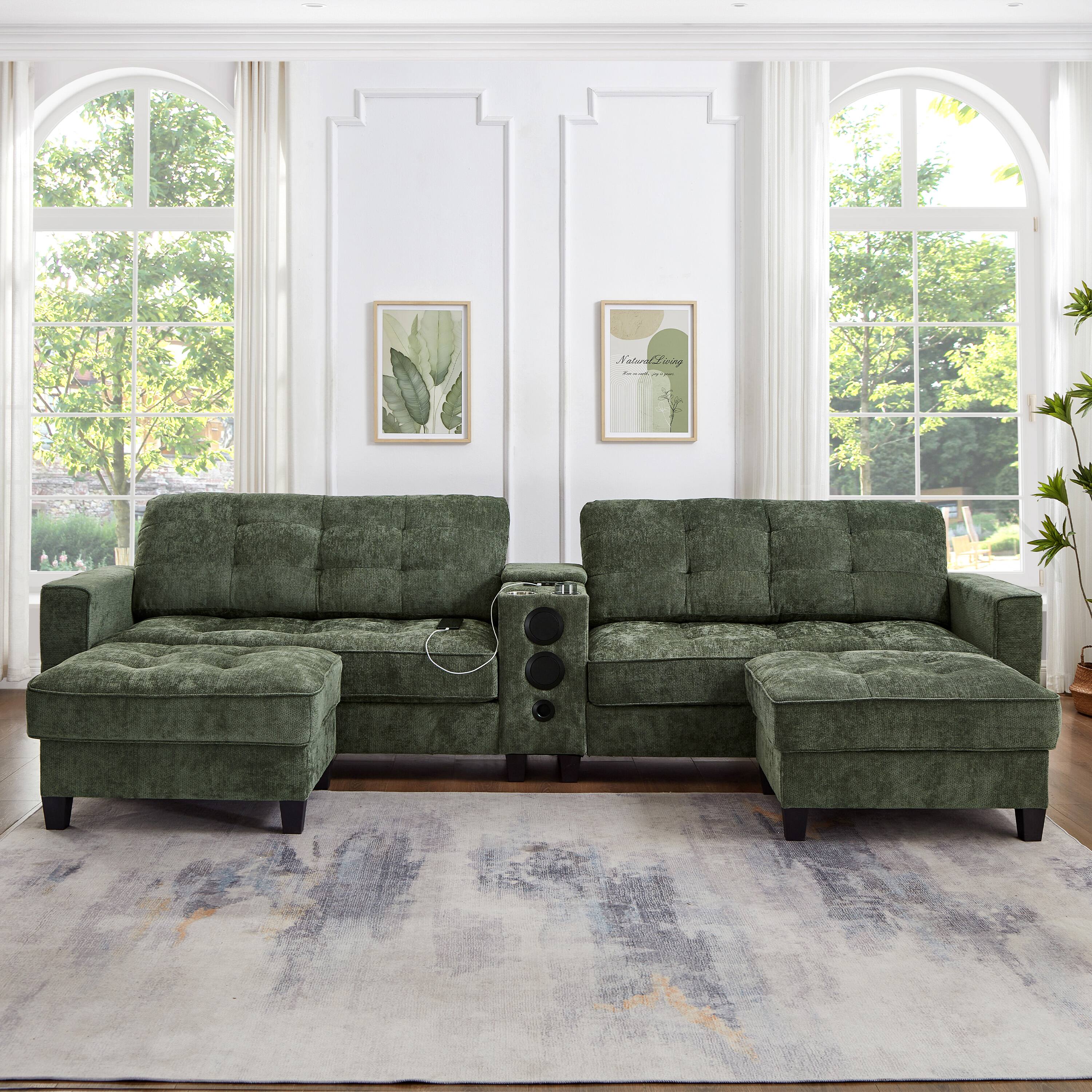 Angle. Whisen - Modern 126" U-Shaped Modular Sectional Sofa with Storage & Speakers for Living Room - Green.