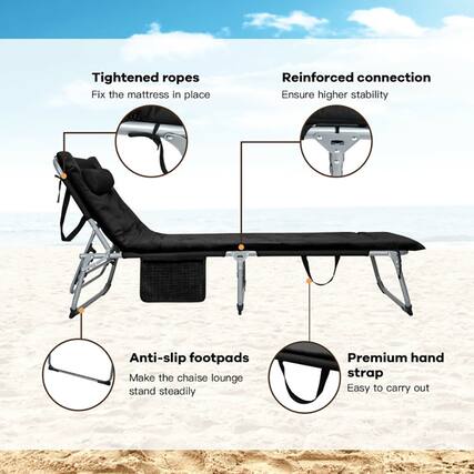 - Tightened ropes: Fix the mattress in place
- Reinforced connection: Ensure higher stability
- Anti-slip footpads: Make the chaise lounge stand steadily
- Premium hand strap: Easy to carry out