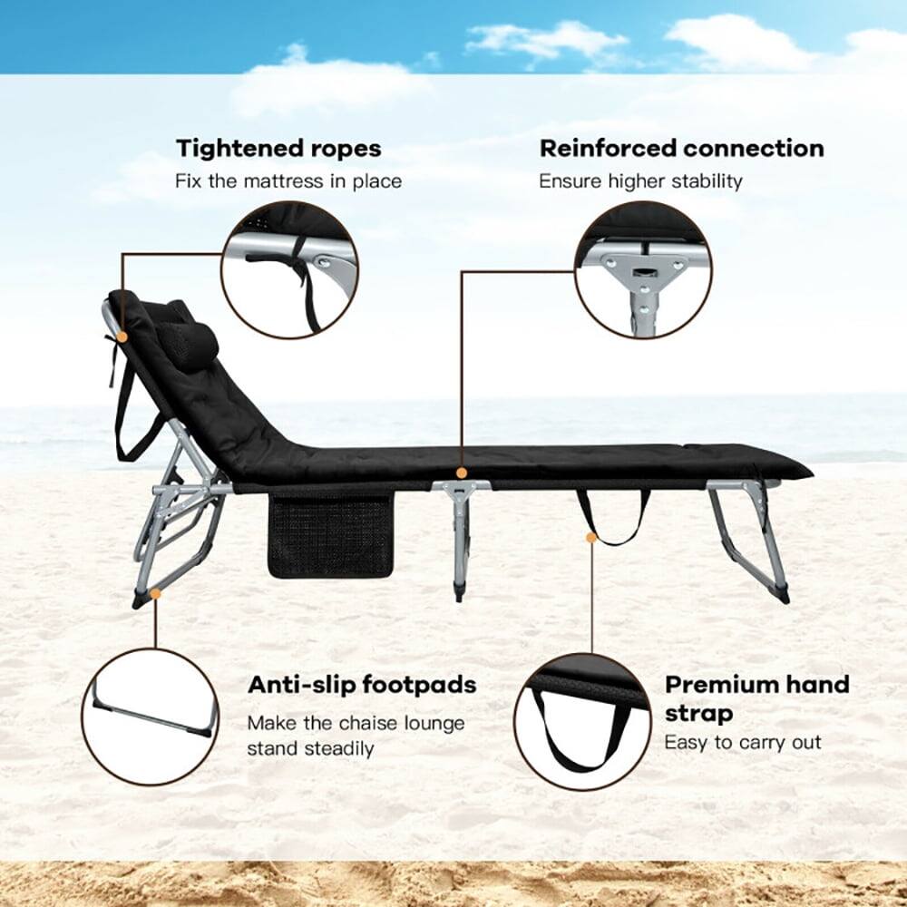 - Tightened ropes: Fix the mattress in place
- Reinforced connection: Ensure higher stability
- Anti-slip footpads: Make the chaise lounge stand steadily
- Premium hand strap: Easy to carry out