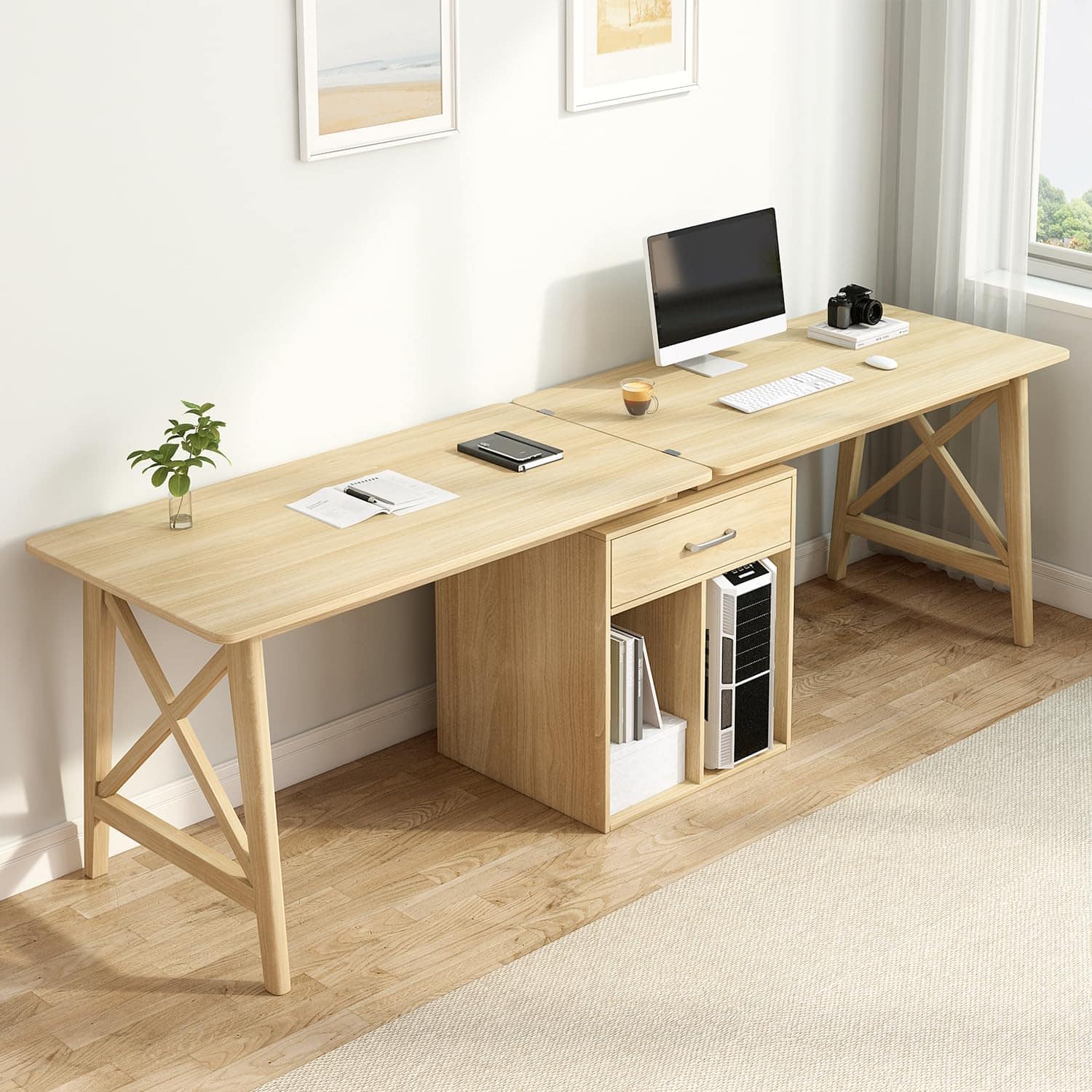 Zell Electronics - 94 Inch Extra Long L-Shaped Two-Person Desk with Storage Cabinet for Home Office - Oak