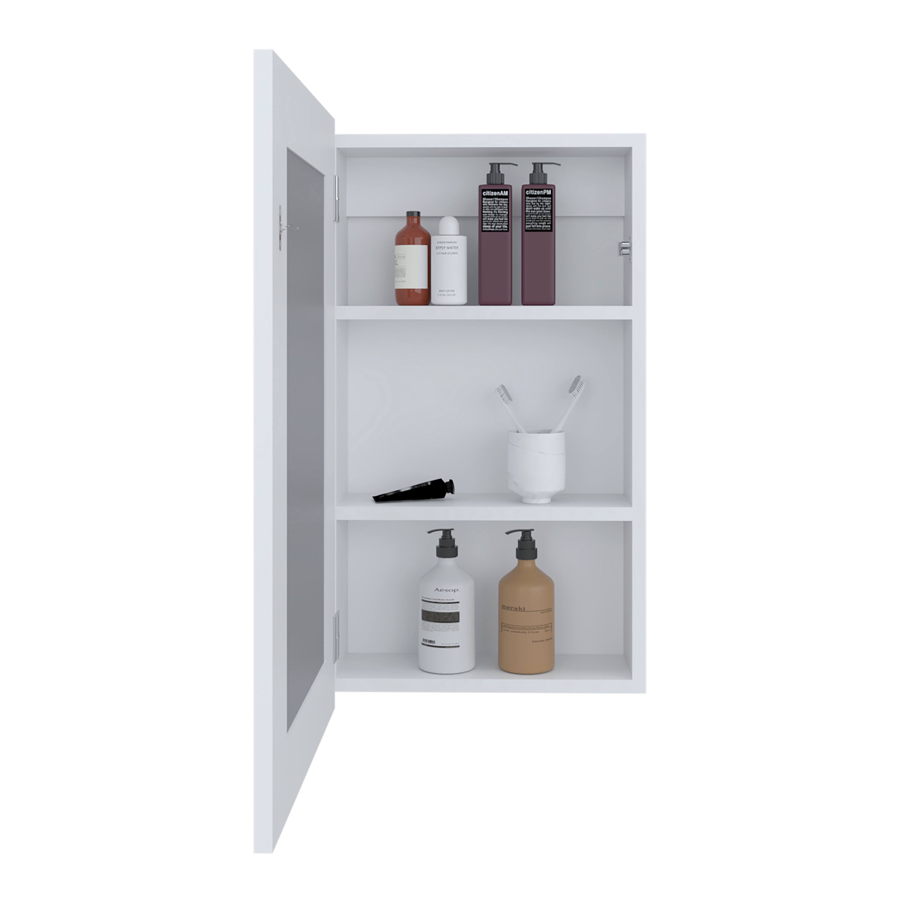 Back. TuHome - Juno 25.7" H X 15.7" W Narrow Mirror Medicine Cabinet, One Door With Three Interior Shelves For Bathroom, Kitchen - White.