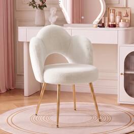 KERDOM - Flower Vanity Chair No Wheels, Faux Rabbit Fur, Cute Petal Makeup Chair with Gold Legs for Bedroom, Fluffy Dresser Chair - White