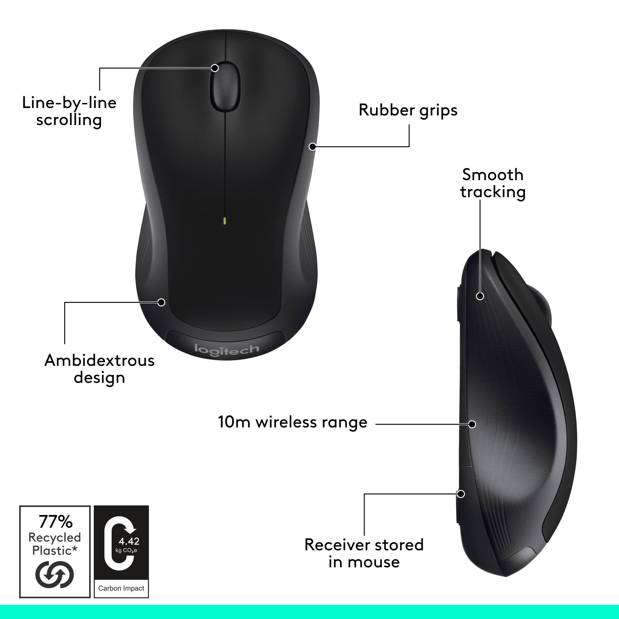 Line-by-line scrolling, Rubber grips, Smooth tracking, Ambidextrous design, 10m wireless range, Receiver stored in mouse, 77% Recycled Plastic*, Carbon Impact, 4.42 kg CO2e