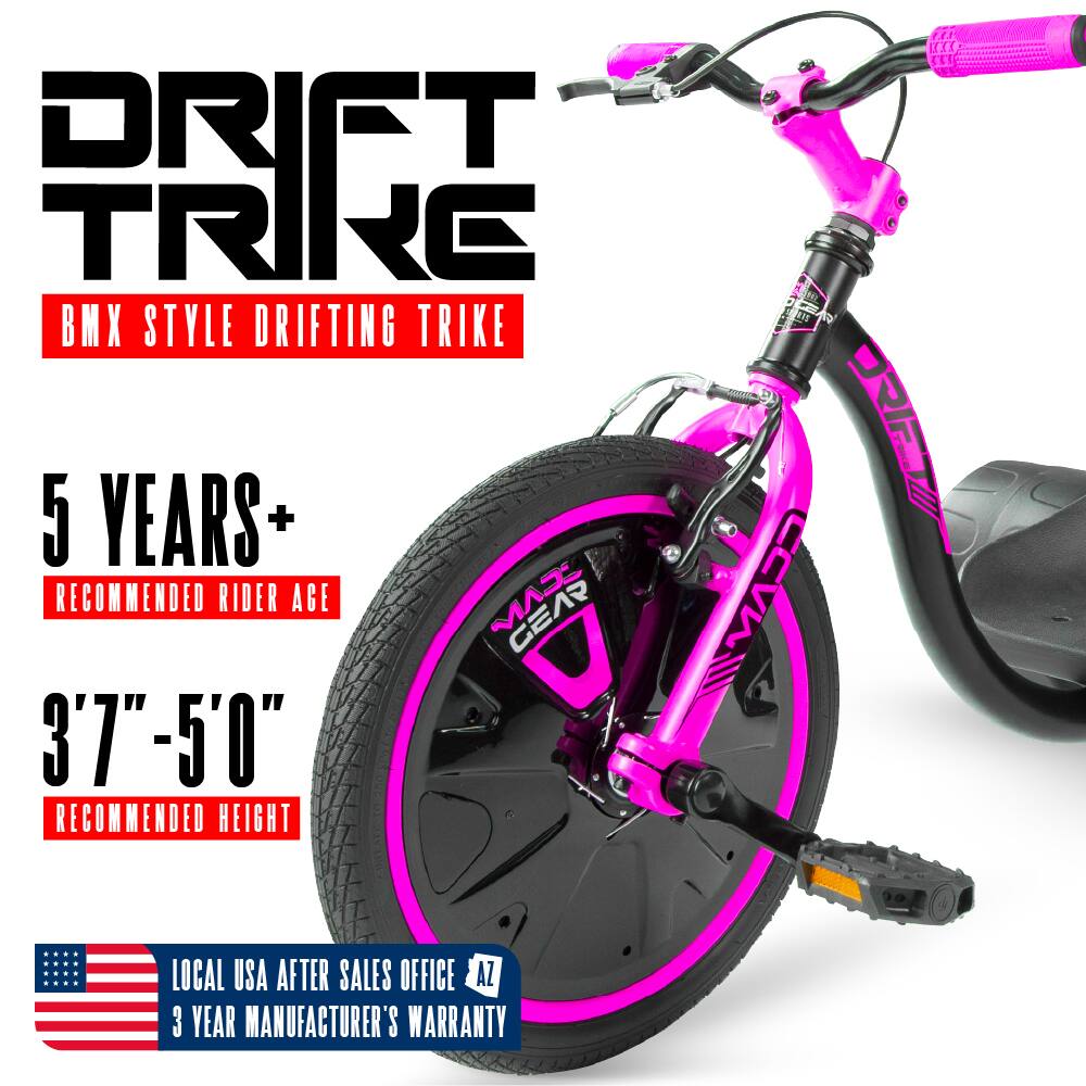 DRIFT TRIKE  
BMX STYLE DRIFTING TRIKE  

5 YEARS+  
RECOMMENDED RIDER AGE  

3'7" - 5'0"  
RECOMMENDED HEIGHT  

LOCAL USA AFTER SALES OFFICE  
3 YEAR MANUFACTURER'S WARRANTY