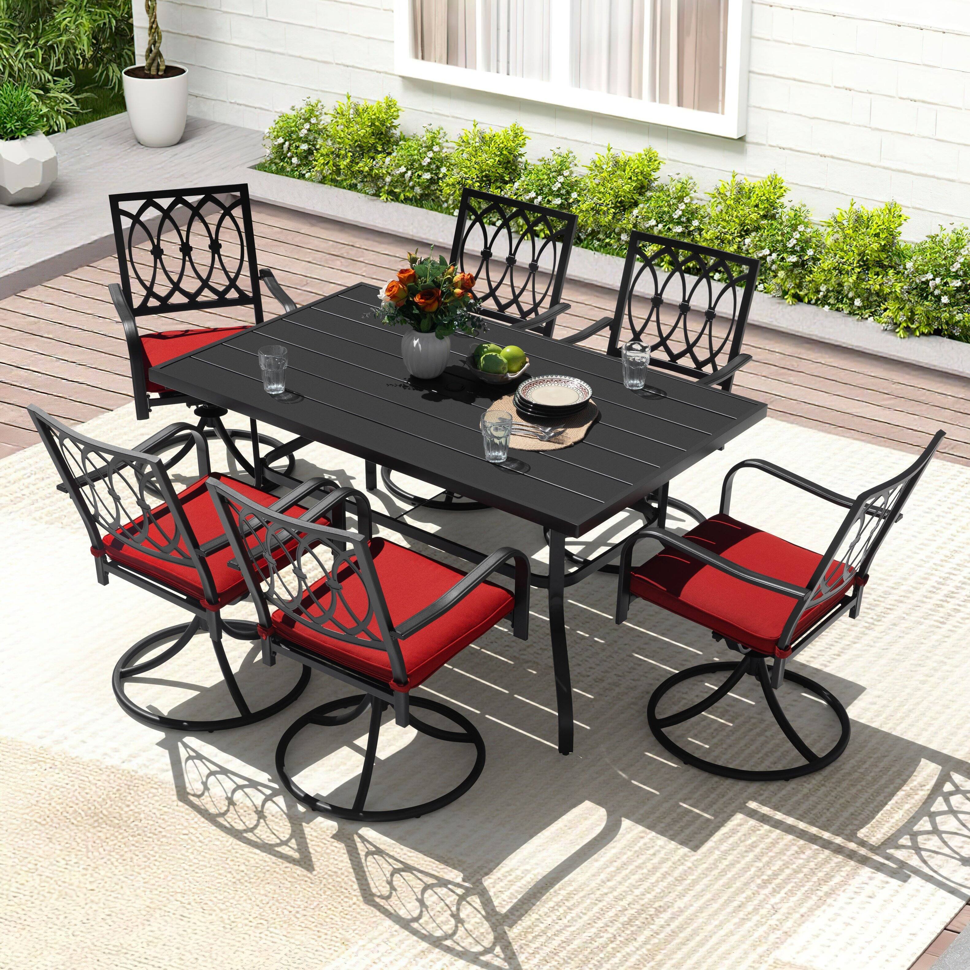 Left. Nuu Garden - 7PCS Metal Patio Dining Set with Umbrella Hole, Swivel Chairs with Cushions - Black and Red.
