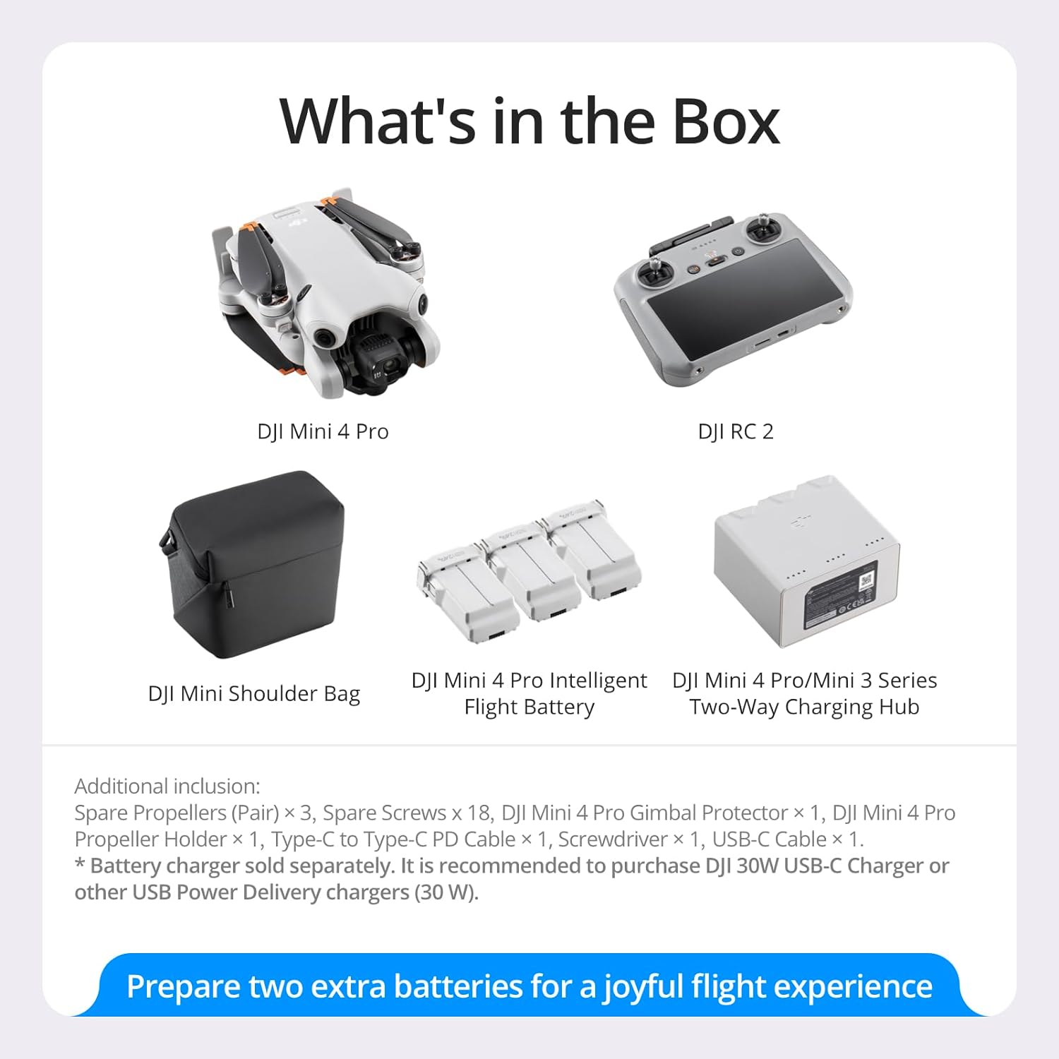 What's in the Box

- DJI Mini 4 Pro
- DJI RC 2
- DJI Mini Shoulder Bag
- DJI Mini 4 Pro Intelligent Flight Battery
- DJI Mini 4 Pro/Mini 3 Series Two-Way Charging Hub

Additional inclusion:
- Spare Propellers (Pair) x 3
- Spare Screws x 18
- DJI Mini 4 Pro Gimbal Protector x 1
- DJI Mini 4 Pro Propeller Holder x 1
- Type-C to Type-C PD Cable x 1
- Screwdriver x 1
- USB-C Cable x 1

*Battery charger sold separately. It is recommended to purchase DJI 30W USB-C Charger or other USB Power Delivery chargers (30 W).

Prepare two extra batteries for a joyful flight experience