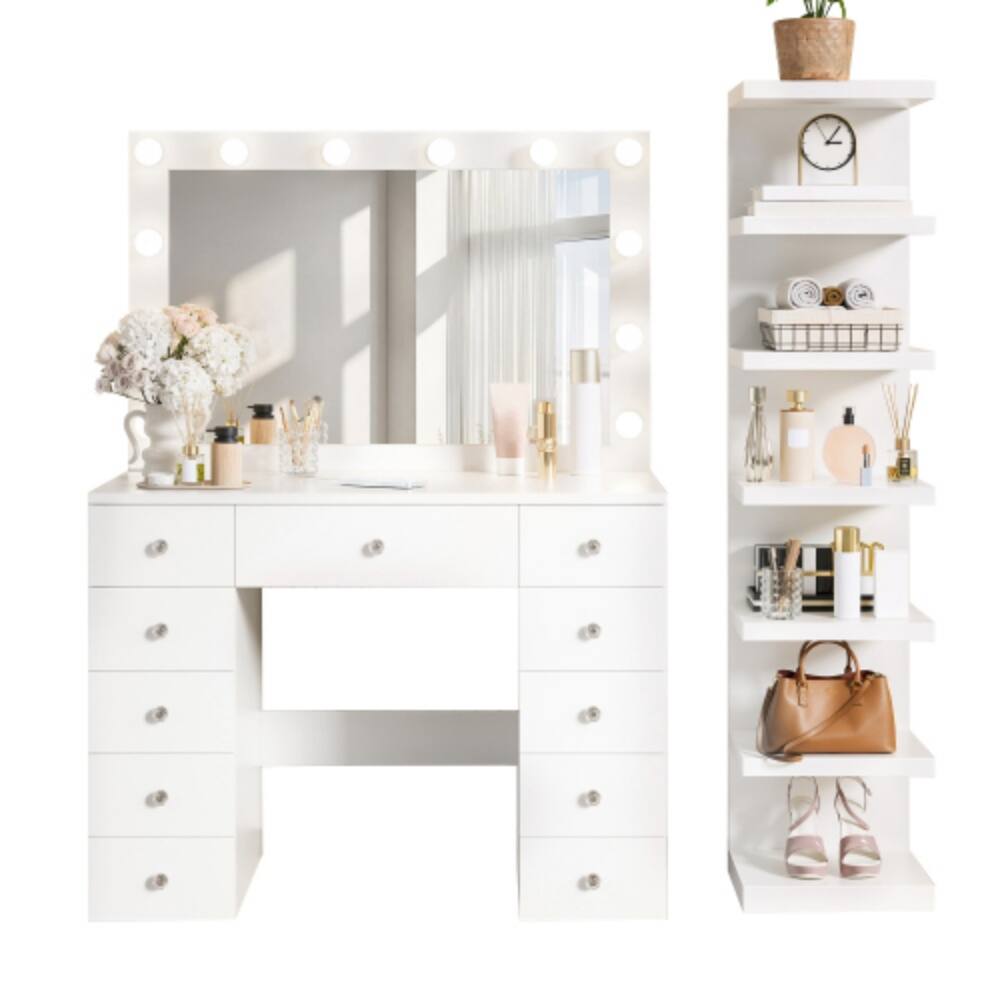 Alt View 5. LUCKY ONE - Vanity Desk with 12-Bulb Hollywood Mirror, 11 Drawers, 7-Tier Shelf and Charging Station - White.