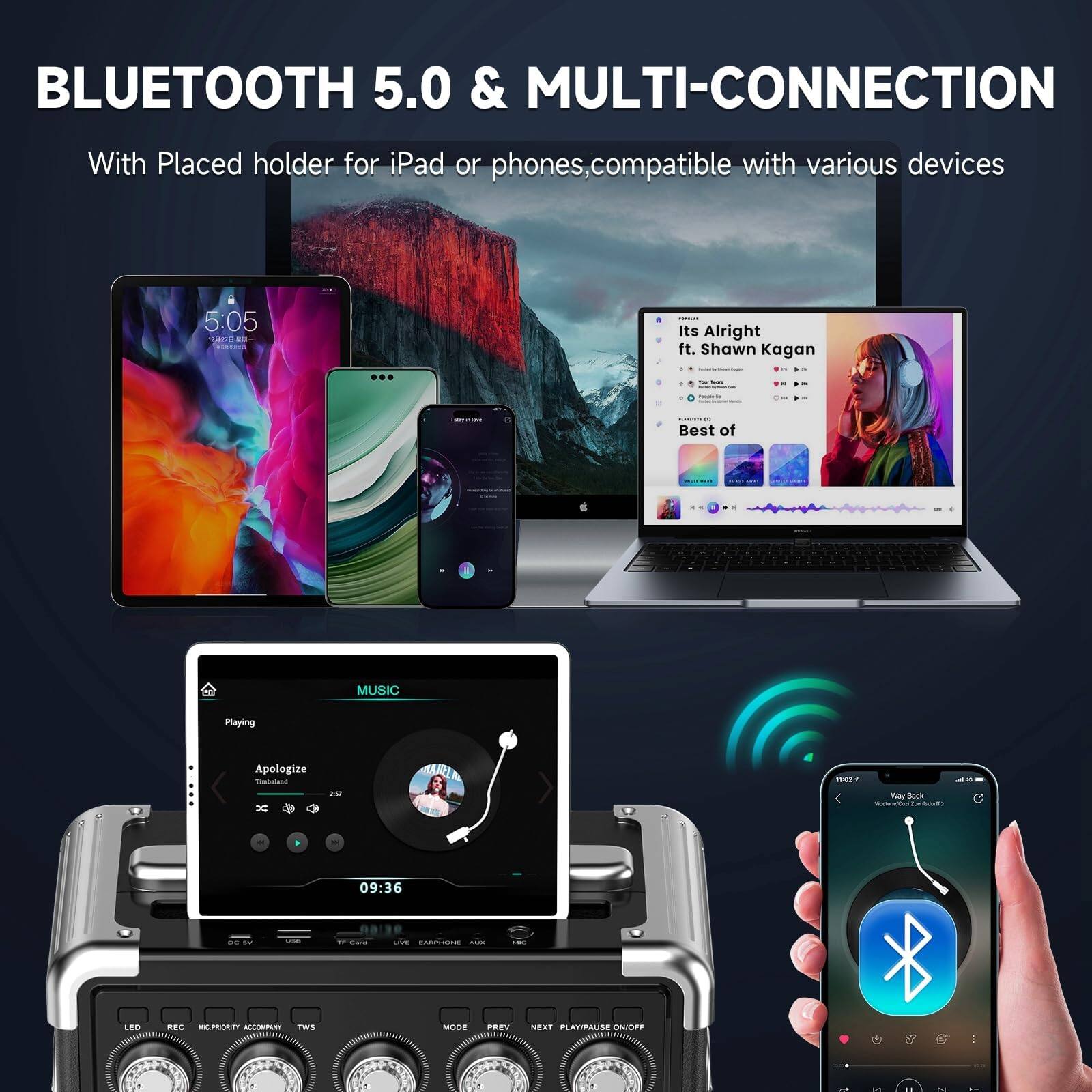 BLUETOOTH 5.0 & MULTI-CONNECTION  
With Placed holder for iPad or phones, compatible with various devices  

5:05  
It's Alright ft. Shawn Kagan - Best of MUSIC  
Playing Apologize  
09:36  
Way Back