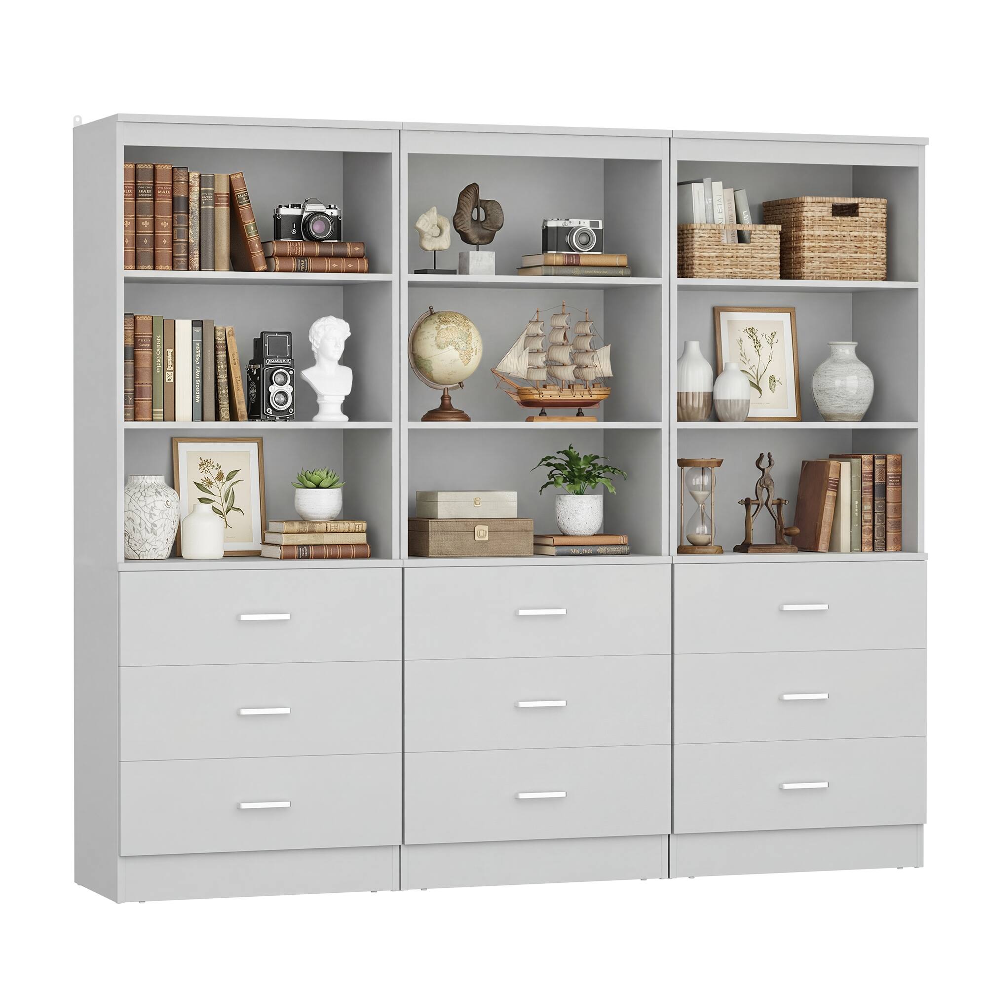 Angle. Aheaplus - 71'' Tall Bookcase with 3 Drawers and 3-Tier Open Shelves, 3 Packs - Gray.