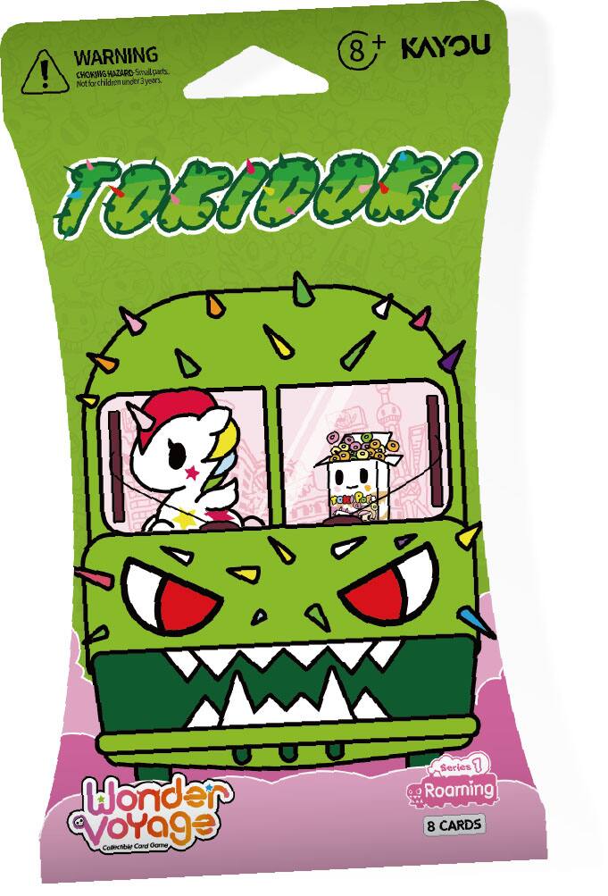 8+ KAYOU  
WARNING  
CHOKING HAZARD - Small parts. Not for children under 3 years.  

TOKIDOKI  
Wonder Voyage  
Collectible Card Game  
Series 1  
Roaming  
8 CARDS