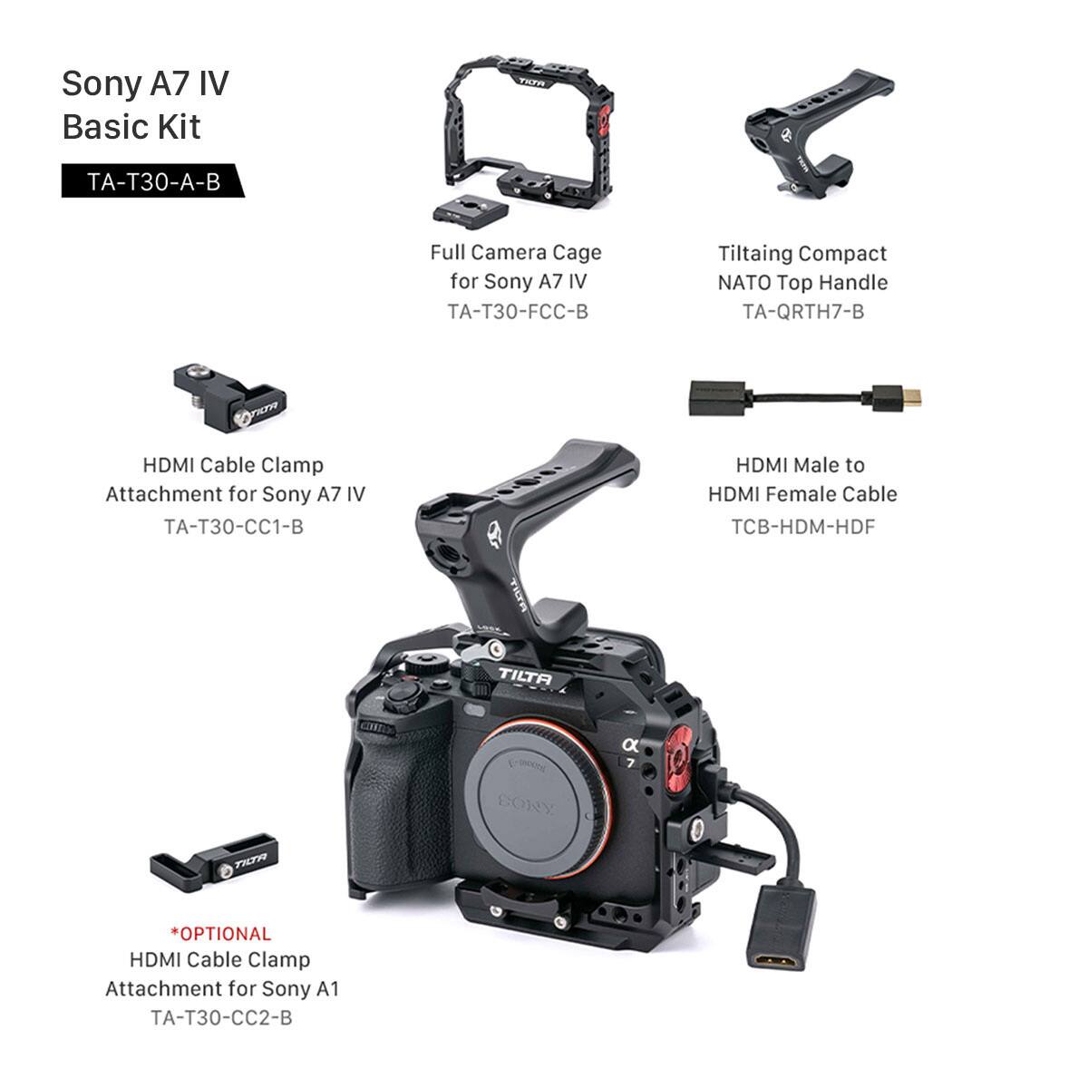 Sony A7 IV Basic Kit -T30--B Full Camera Cage for Sony A7 IV -T30-FCC-B Tilting Compact NATO Top Handle TA-QRTH7-B OT HDMI Cable Clamp Attachment for Sony A7 IV -T30-CC1-B HDMI Male to HDMI Female Cable TCB-HDM-HDF TIYA TILTA *OPTIONAL HDMI Cable Clamp Attachment for Sony A1 -T30-CC2-B