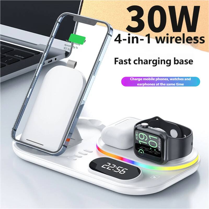 The Quan FreH 97. by is a 30W 4-in-1 wireless fast charging base. It can charge mobile phones, watches, and earphones at the same time.
