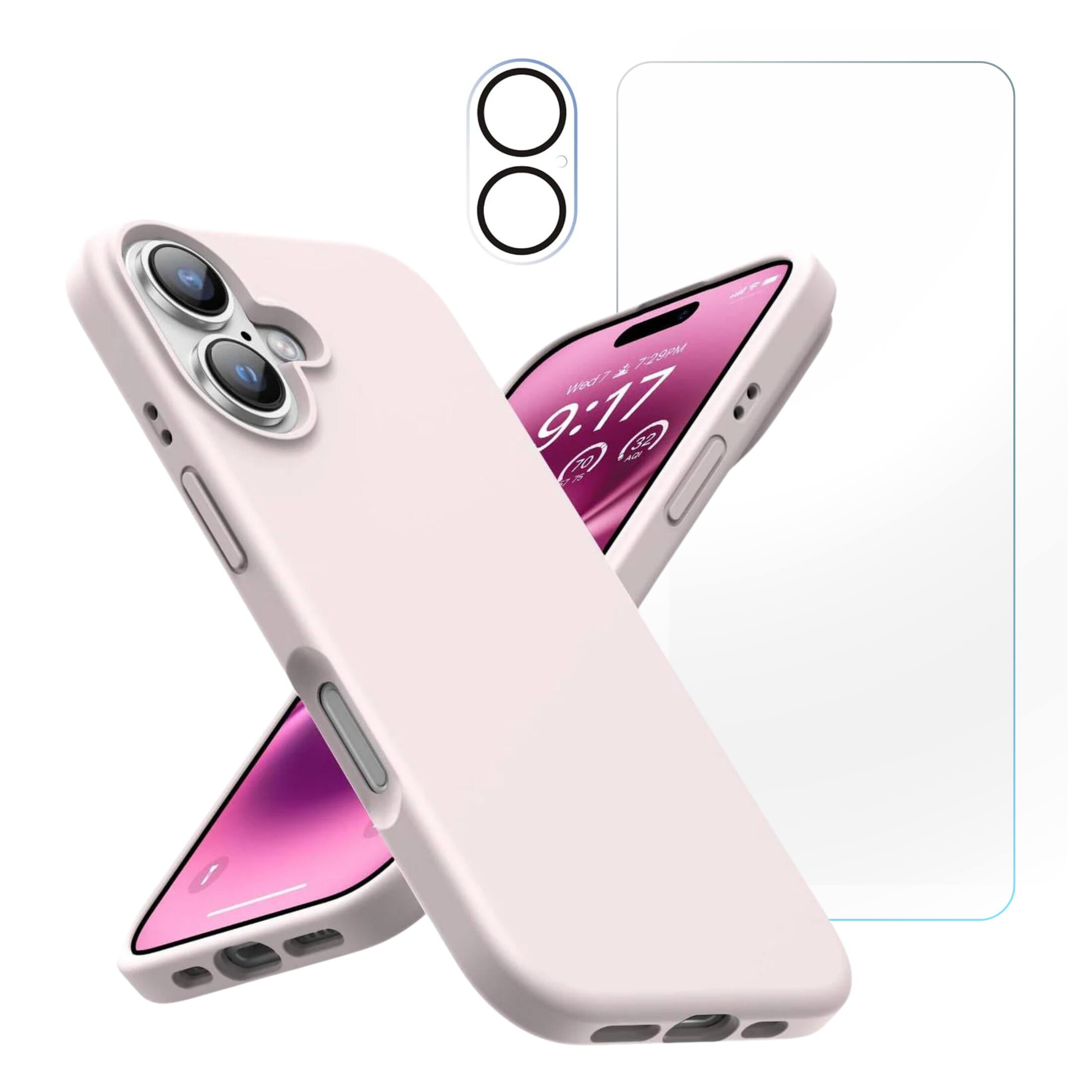 Entronix - iPhone 16 Bundle: Liquid Silicone Case with Screen & Camera Lens Protectors - Light Pink