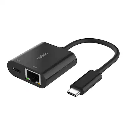Front. Belkin - USB-C to Ethernet + Charge Adapter with gigabit Ethernet port and USB Power Delivery up to 100W - Black.