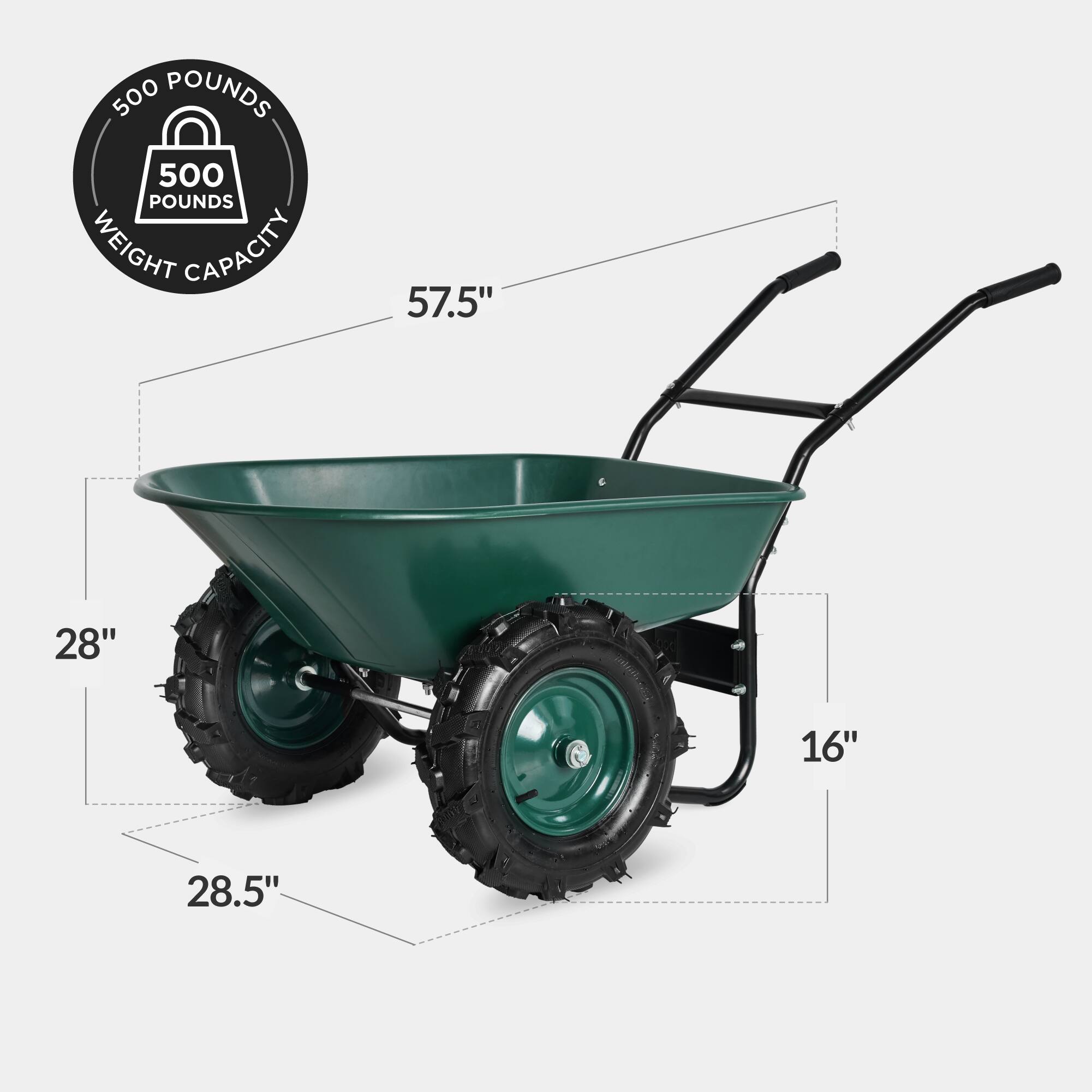 500 POUNDS WEIGHT CAPACITY  
57.5"  
28"  
16"  
28.5"