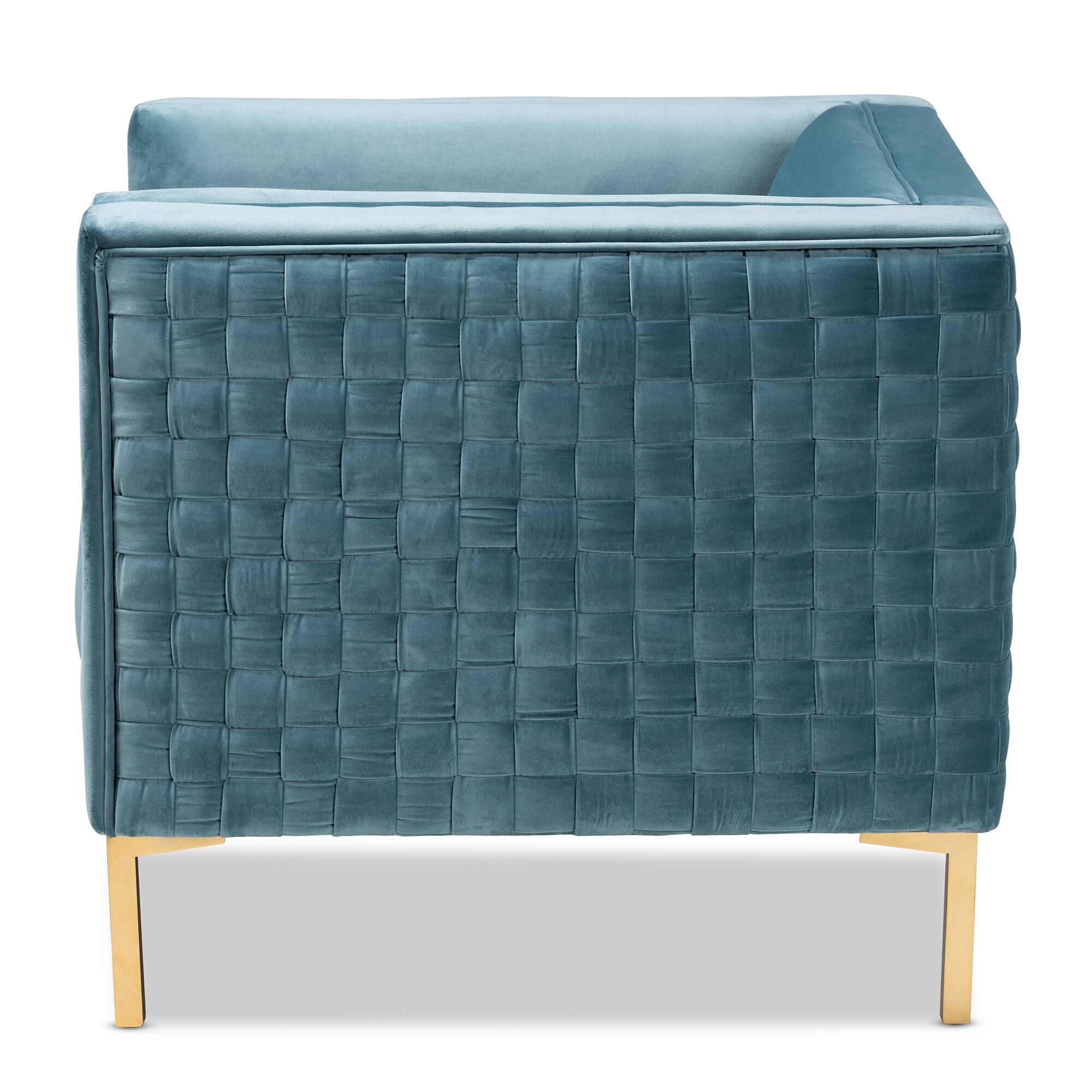 Left. Baxton Studio - Seraphin Glam and Luxe Velvet Fabric Upholstered Gold Finished Armchair - Light Blue/Gold.