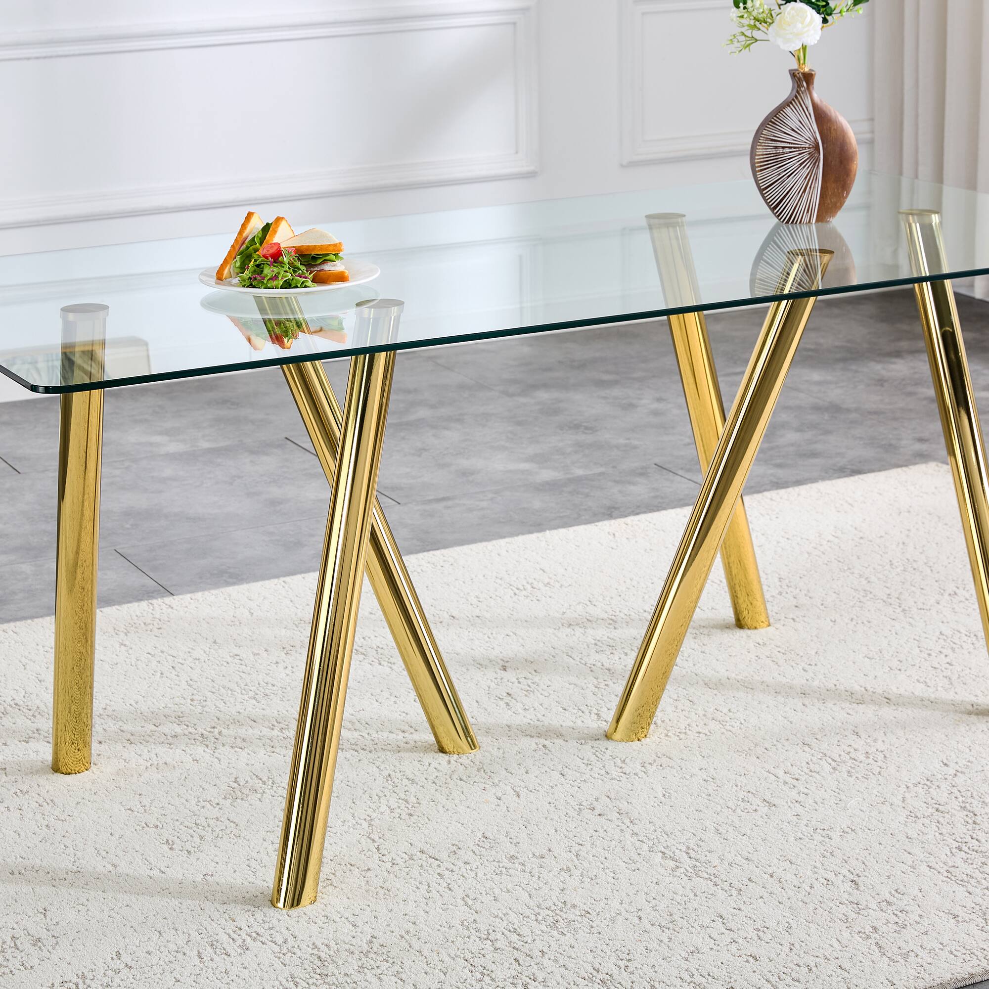 Back. Loheer - Loheer- 5.9 Ft Modern Tempered Glass Dining Table with Sturdy Metal Legs for Large Family - Gold.