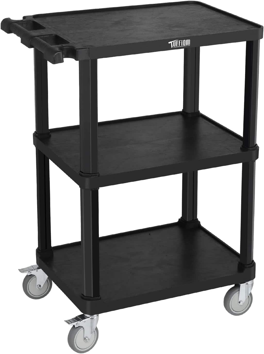 Winado - 3-Tier Plastic Service Utility Cart, Rolling Flat Cart Storage Cart with Ergonomic Push Handle & Wheels for Garage, Home - Black