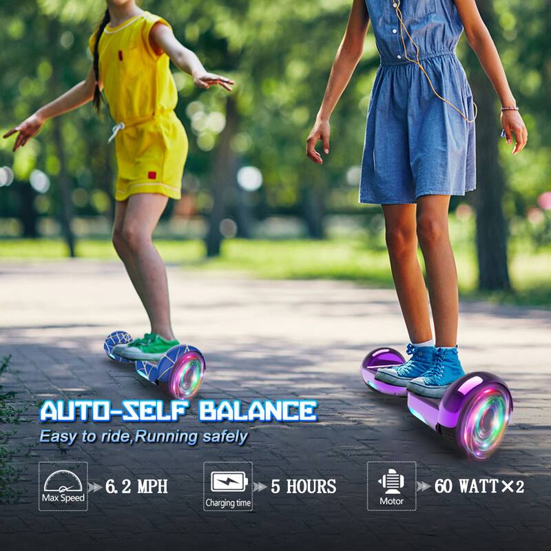 AUTO-SELF BALANCE  
Easy to ride, Running safely  
Max Speed: 6.2 MPH  
Charging time: 5 HOURS  
Motor: 60 WATT x 2