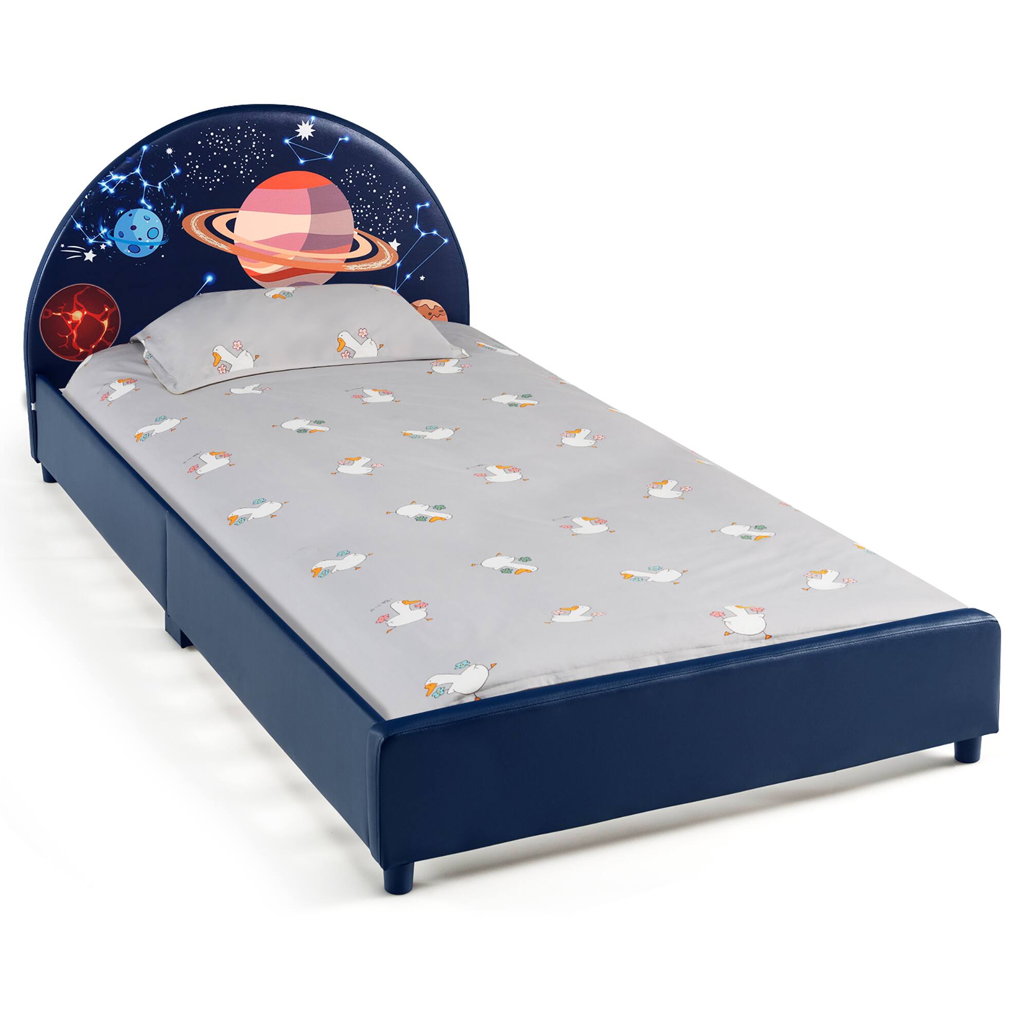 Alt View 3. Costway - Costway Kids Upholstered Platform Bed Children Twin Size Wooden Bed Galaxy Pattern - Blue.