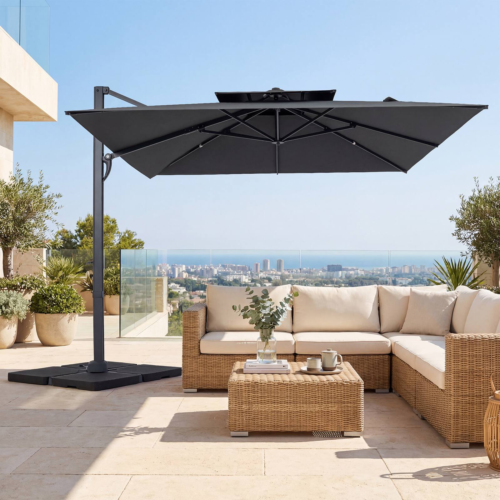 Alt View 1. Gymax - Gymax 10FT Patio Cantilever Umbrella w/360-Degree Rotation 8 Sturdy Ribs Air Vent for Pool Gray - Gray.