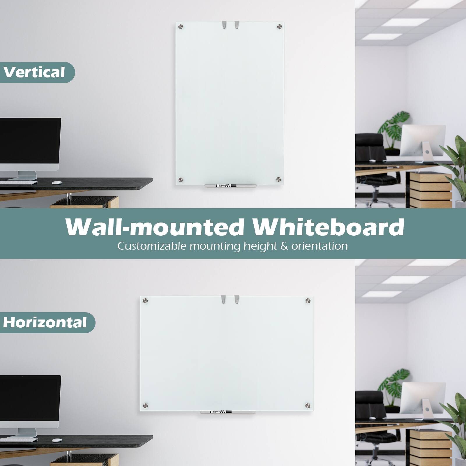 Vertical LM Wall-mounted Whiteboard Customizable mounting height & orientation Horizontal