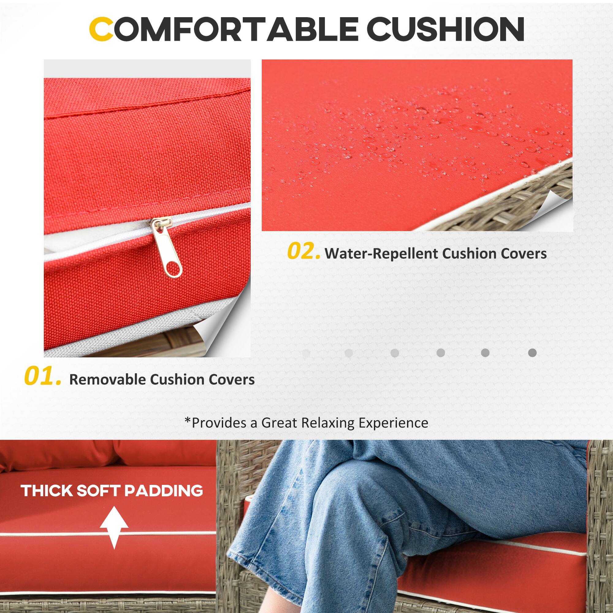 COMFORTABLE CUSHION

01. Removable Cushion Covers
*Provides a Great Relaxing Experience

02. Water-Repellent Cushion Covers

THICK SOFT PADDING