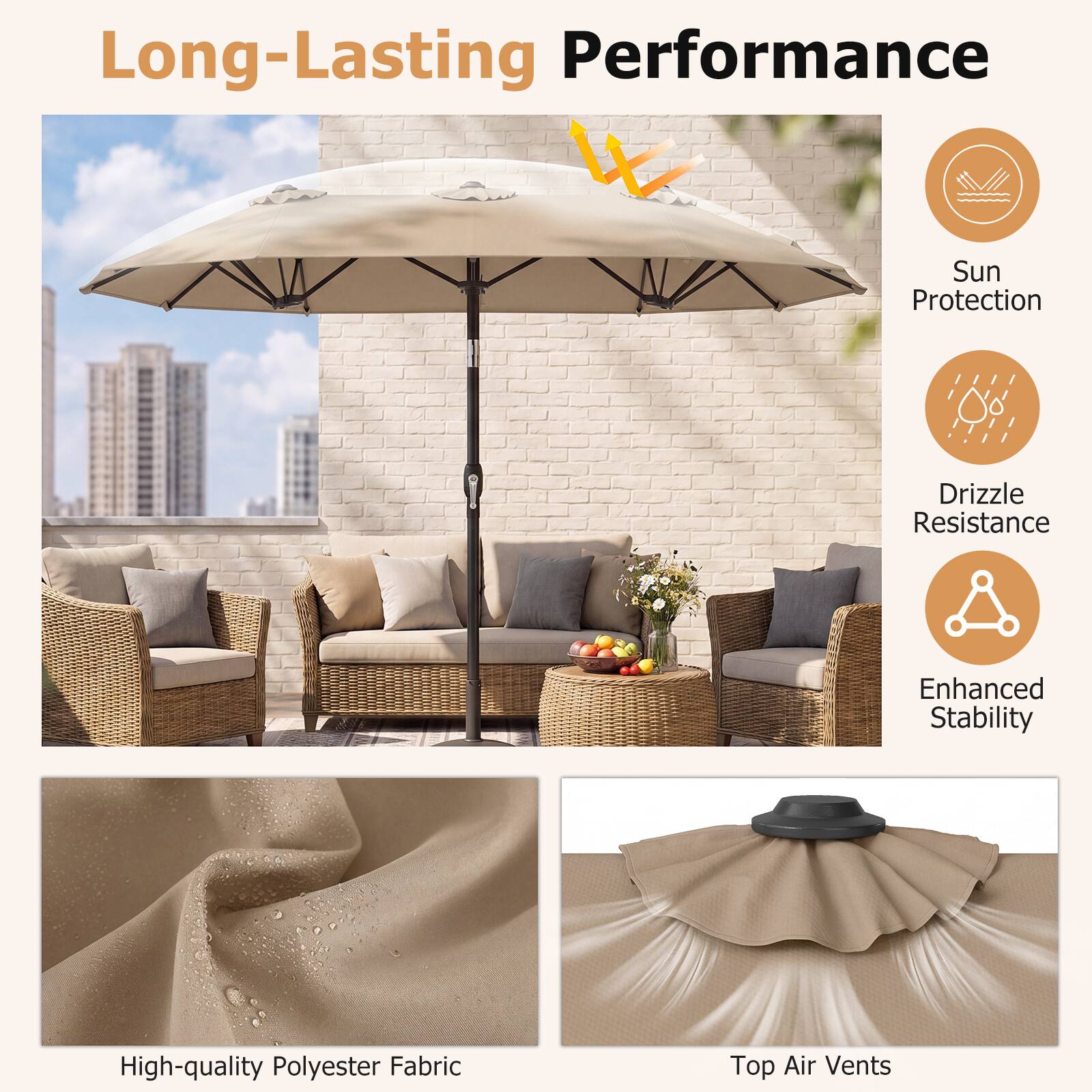Long-Lasting Performance  
- Sun Protection  
- Drizzle Resistance  
- Enhanced Stability  
- High-quality Polyester Fabric  
- Top Air Vents