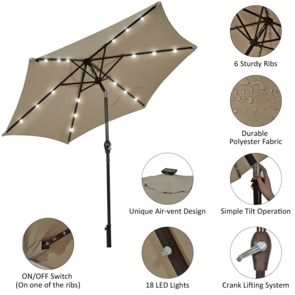 - 6 Sturdy Ribs
- Durable Polyester Fabric
- Unique Air-vent Design
- Simple Tilt Operation
- ON/OFF Switch (On one of the ribs)
- 18 LED Lights
- Crank Lifting System