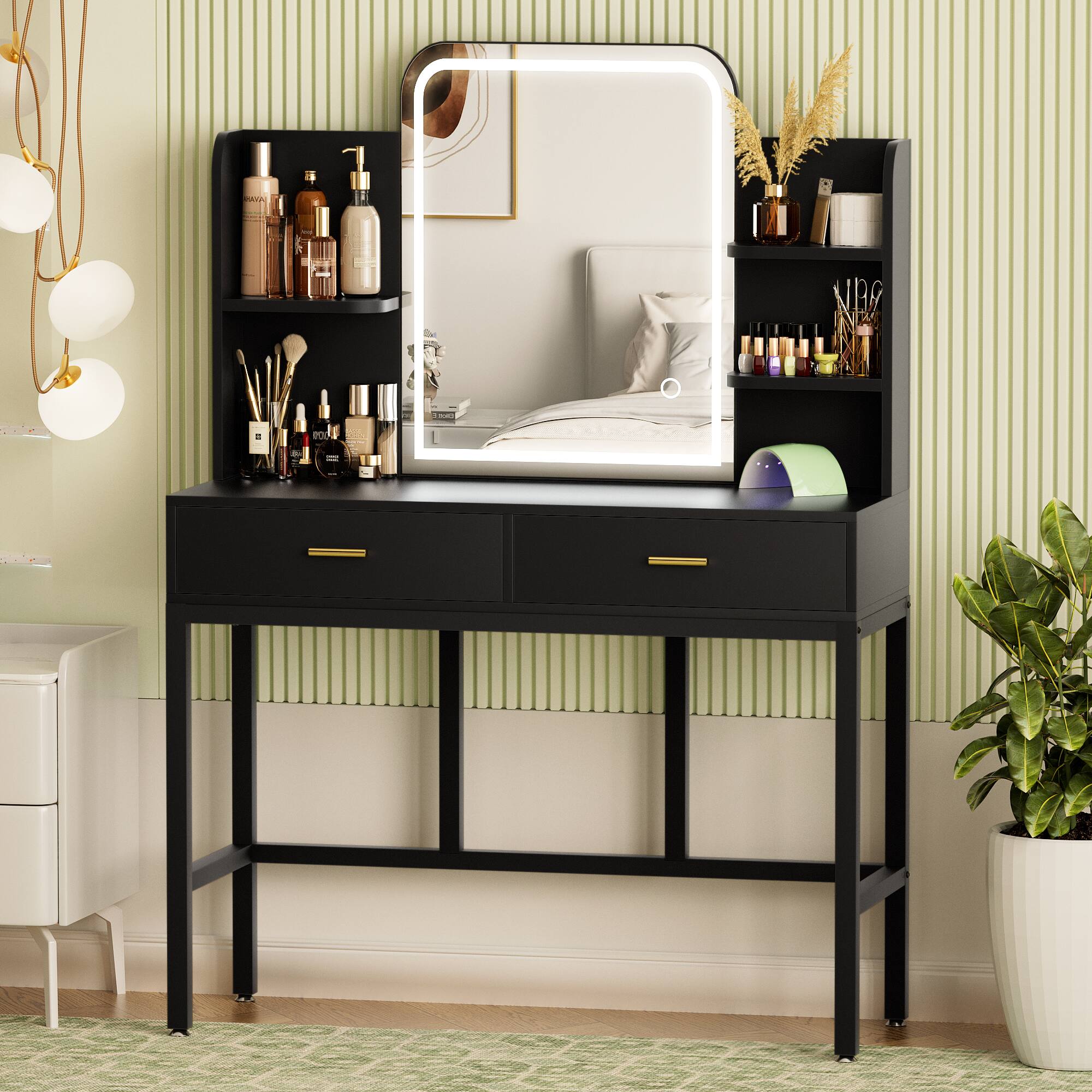Angle. Aheaplus - Vanity Set with Mirror & Lights - 3-Color Lighting, Drawers & Storage Shelf for Bedroom - Black.