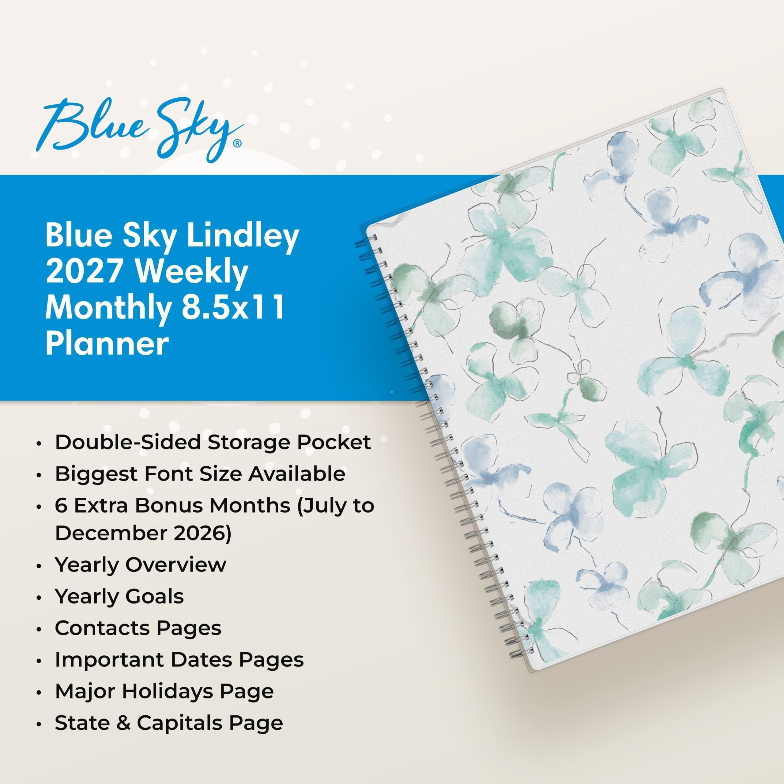 Blue Sky Lindley 2027 Weekly Monthly 8.5x11 Planner

- Double-Sided Storage Pocket
- Biggest Font Size Available
- 6 Extra Bonus Months (July to December 2026)
- Yearly Overview
- Yearly Goals
- Contacts Pages
- Important Dates Pages
- Major Holidays Page
- State & Capitals Page