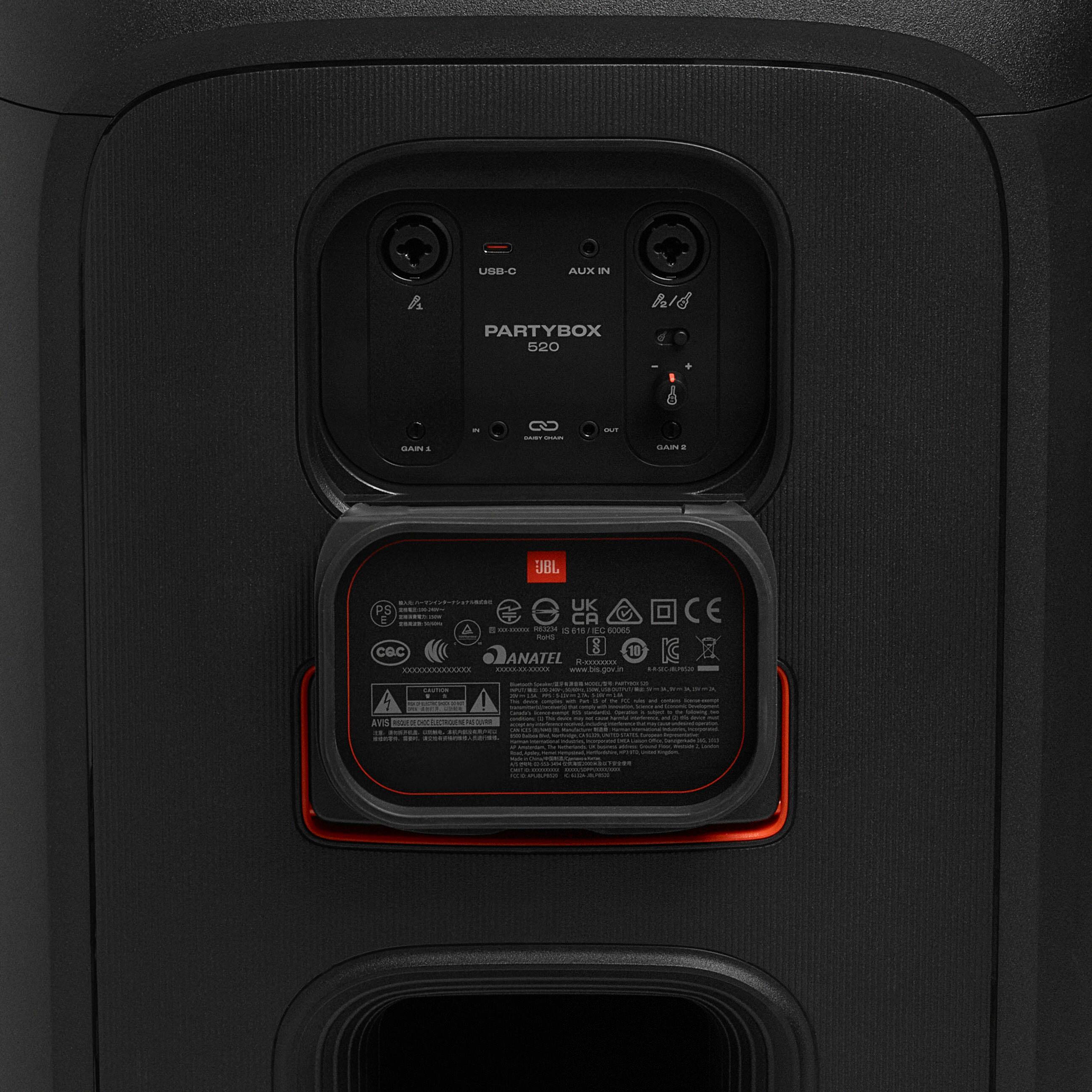 The text on the image reads: "USB-C AUX IN A PARTYBOX 520W 18 GAIN . . . . . . . . . . . . . . . . . . . . . . . . . . . . . . . . . . . . . . . . . . . . . . . . . . . . . . . . . . . . . . . . . . . . . . . . . . . . . . . . . . . . . . . . . . . . . . . . . . . . . . . . . . . . . . . . . . . . . . . . . . . . . . . . . . . . . . . . . . . . . . . . . . . . . . . . . . . . . . . . . . . . . . . . . . . . . . . . . . . . . . . . . . . . . . . . . . . . . . . . . . . . . . . . . . . . . . . . . . . . . . . . . . . . . . . . . . . . . . . . . . . . . . . . . . . . . . . . . . . . . . . . . . . . . . . . . . . . . . . . . . . . . . . . . . . . . . . . . . . . . . . . . . . . . . . . . . . . . . . . . . . . . . . . . . . . . . . . . . . . . . . . . . . . . . . . . . . . . . . . . . . . . . . . . . . . . . . . . . . . . . . . . . . . . . . . . . . . . . . . . . . . . . . . . . . . . . . . . . . . . . . . . . . . . . . . . . . . . . . . . . . . . . . . . . . . . . . . . . . . . . . . . . . . . . . . . . . . . . .