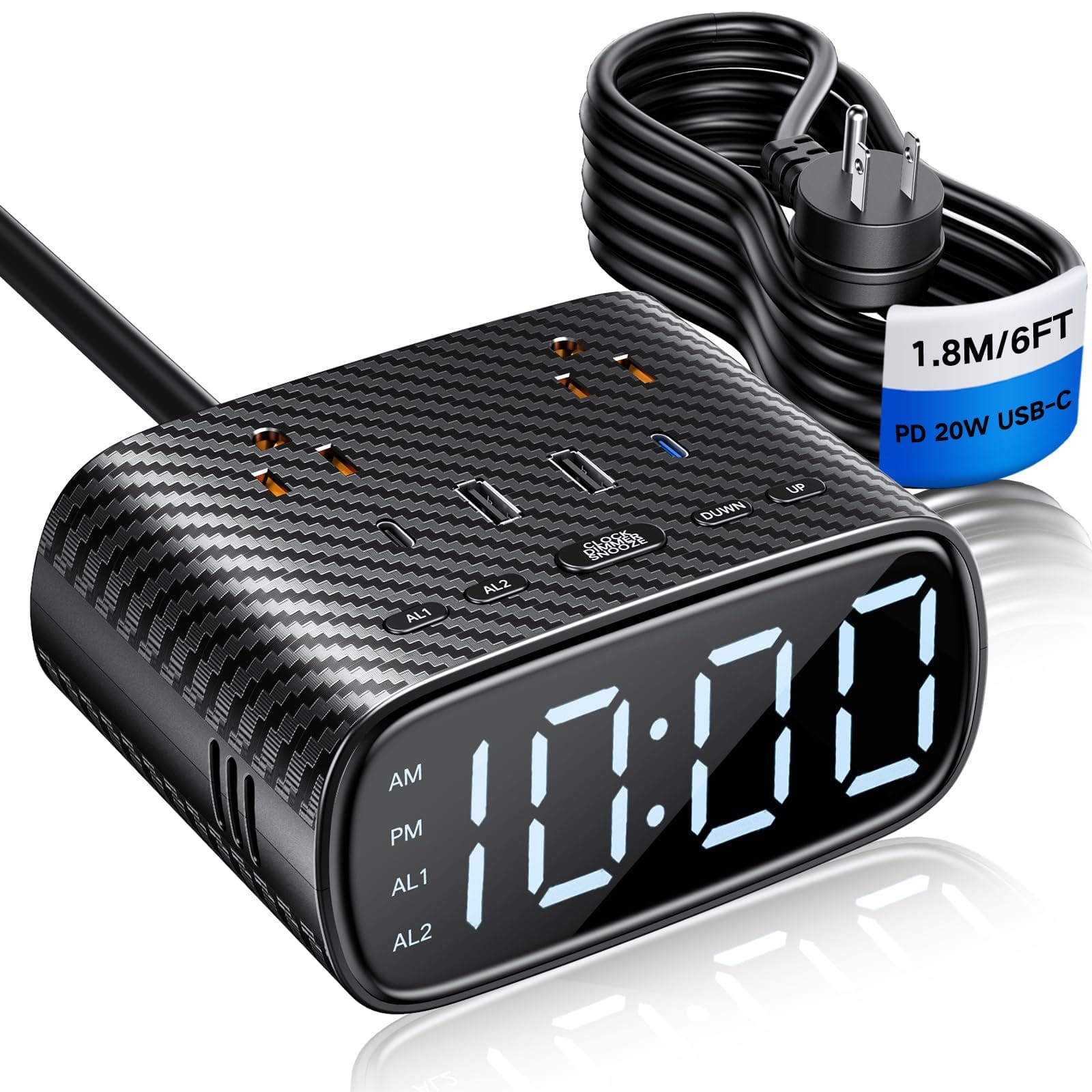 Dazzed Corner - Digital Alarm Clock with 20W USB-C Ports, Dual Alarm Clock - Black