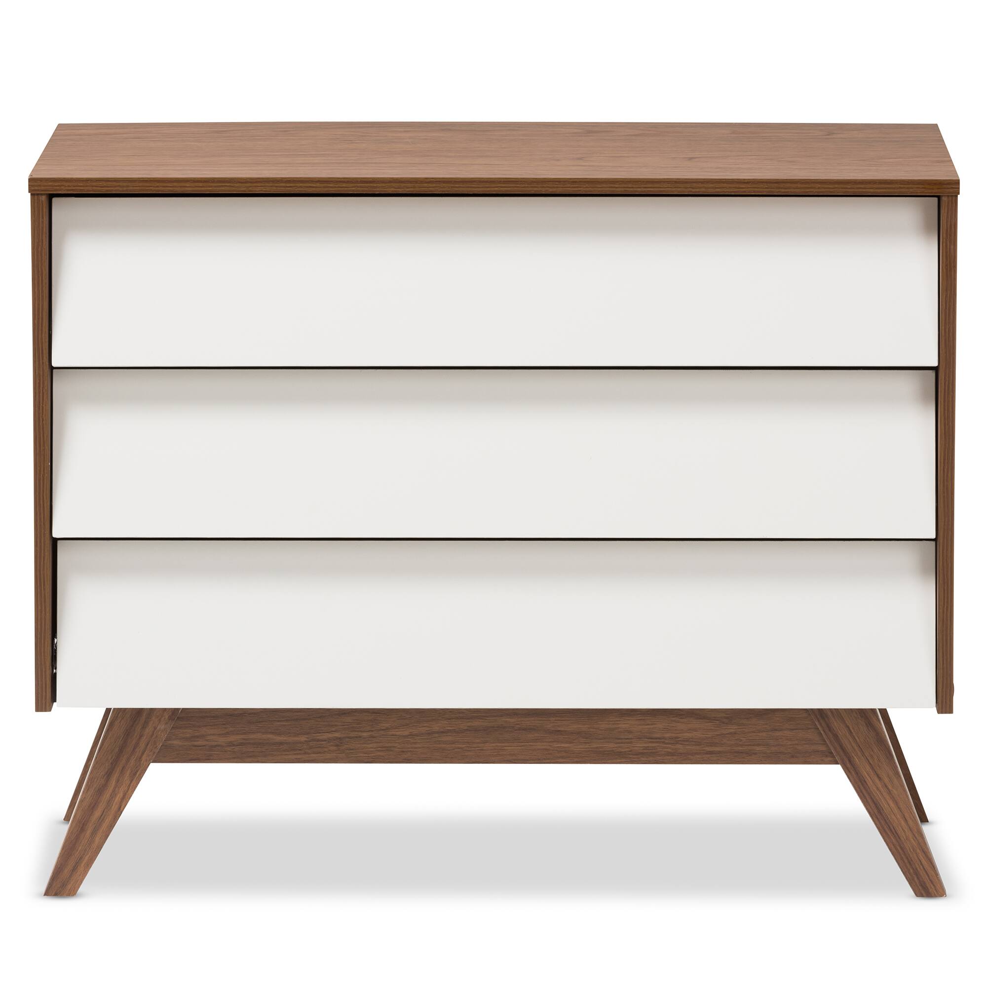 Left. Baxton Studio - Hildon Mid-Century Modern Wood 3-Drawer Storage Chest - White/"Walnut" Brown.