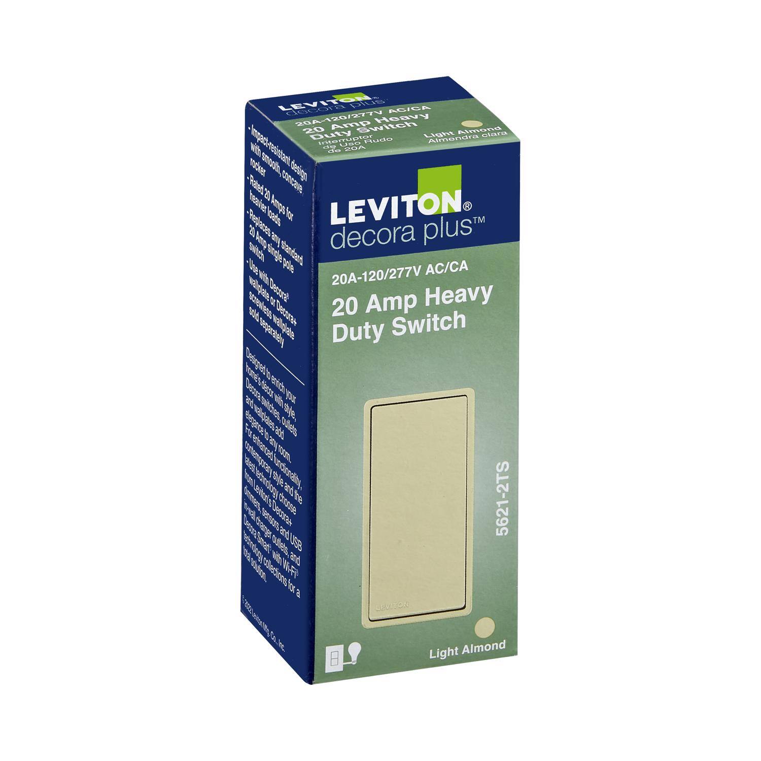LEVITON  
decora plus™  
20A-120/277V AC/CA  
20 Amp Heavy Duty Switch  
Light Almond  

- Impact-resistant design  
- Heavier 20Amp rocker  
- Handles heavier loads  
- Use with single pole  
- Use with dimmer or Decorator  
- Use with dimmer or Decorator  
- Designed for heavy-duty applications  

5621-2TS  

Light Almond