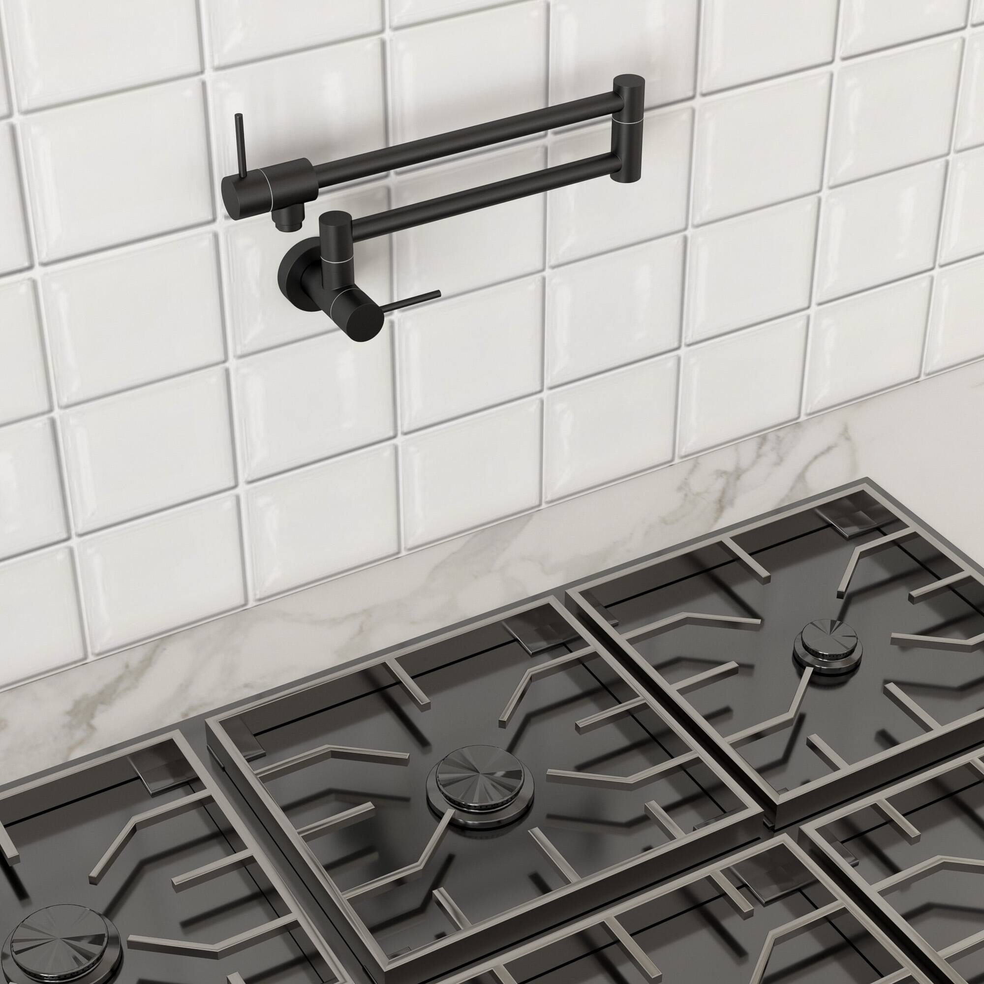 Angle. Lordear - Matte Black Wall Mount Kitchen Sink Faucet Folding Stretchable with Single Hole Two Handles - Matte Black.