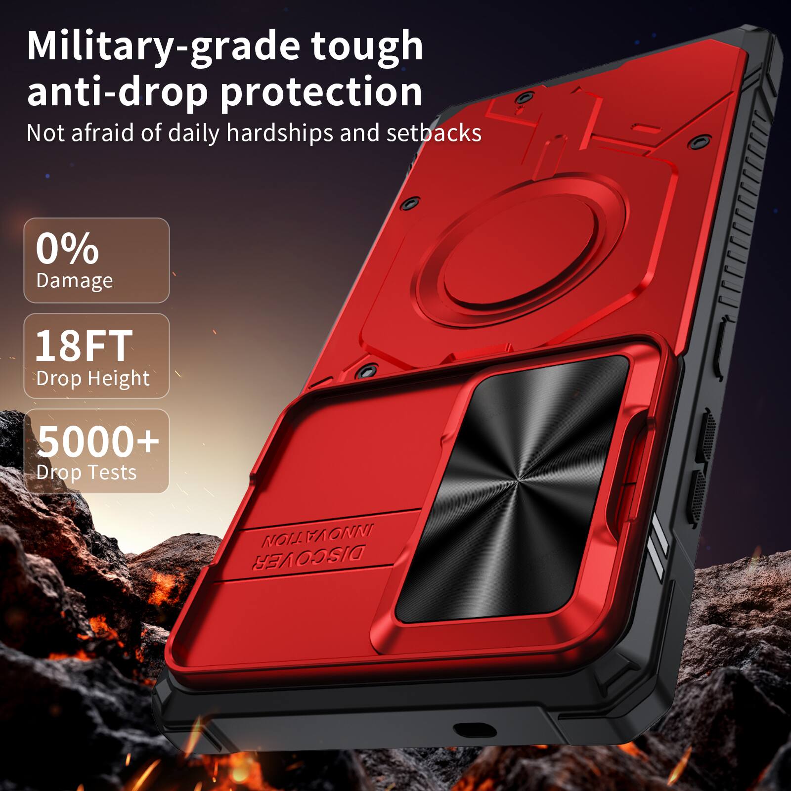 Military-grade tough anti-drop protection  
Not afraid of daily hardships and setbacks  

0% Damage  
18FT Drop Height  
5000+ Drop Tests  

ANTER DISCOVER