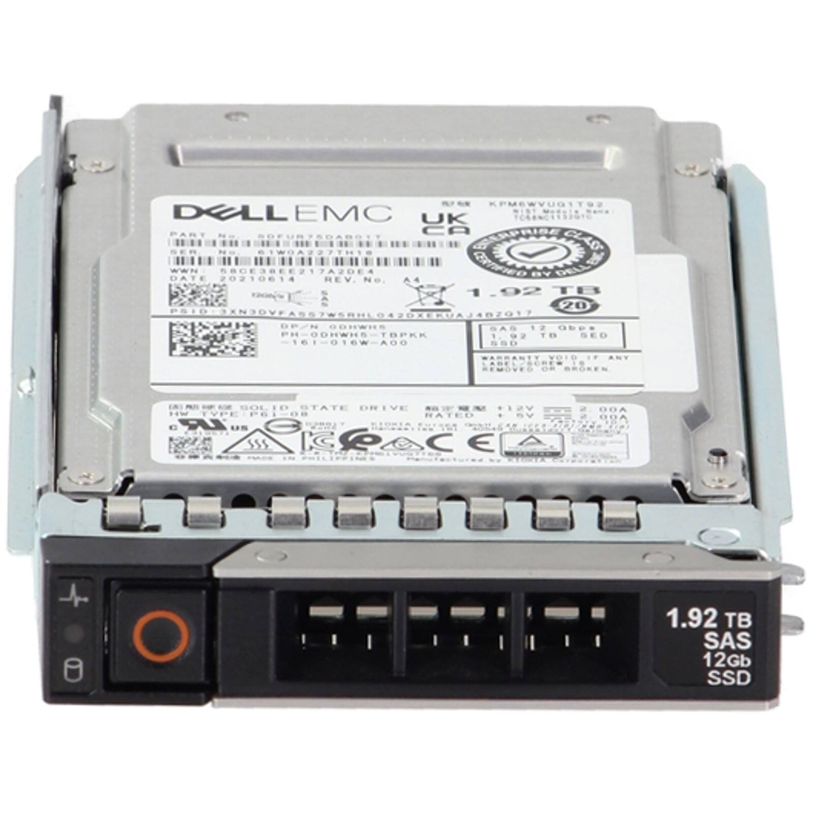 DELL EMC  
PART NO: CA BAUNIRE CLAC  
SER NO: 1WOA227TH1S  
DATE: 20210614  
REV No.: A4 1.02  
PSID: SENJOVEASSTWERHL 04208EFUAJ4B701  
DE/N: ODHWHS  
SAS: PH-ODHWH5-TBPKK  
1.92 TB  
SAS 12Gb SSD  
WARRANTY: VOID  
ANY REMOVED OR BROKEN  
HW TYPE: P6I-O8  
GOLD STATE DRIVE  
MADE IN PHILIPPINES  
1.92 TB SAS 12Gb SSD