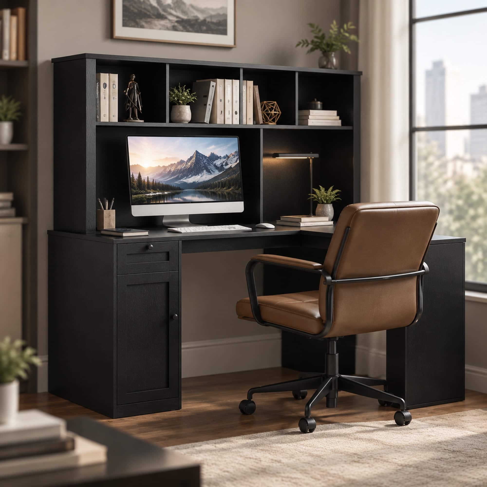RYHNUYNE - L-Shaped Corner Desk, 2 USB Ports and 3 Outlets, Carbon Fiber Finish, Storage Drawers, Bookshelf, Modern Home Office - Black