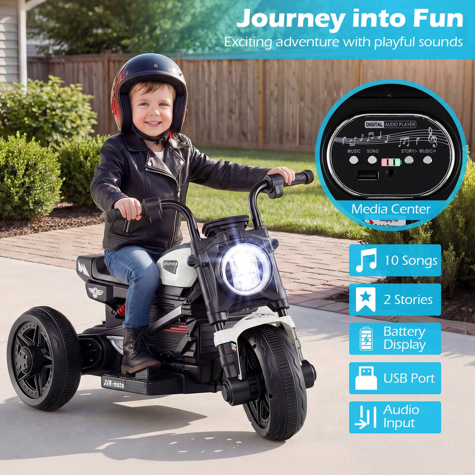 Journey into Fun  
Exciting adventure with playful sounds  

DIGITAL AUDIO PLAYER  
MUSIC SONG STORY - MUSIC+  

Media Center  
- 10 Songs  
- 2 Stories  
- Battery Display  
- USB Port  
- Audio Input  

JVR-moto