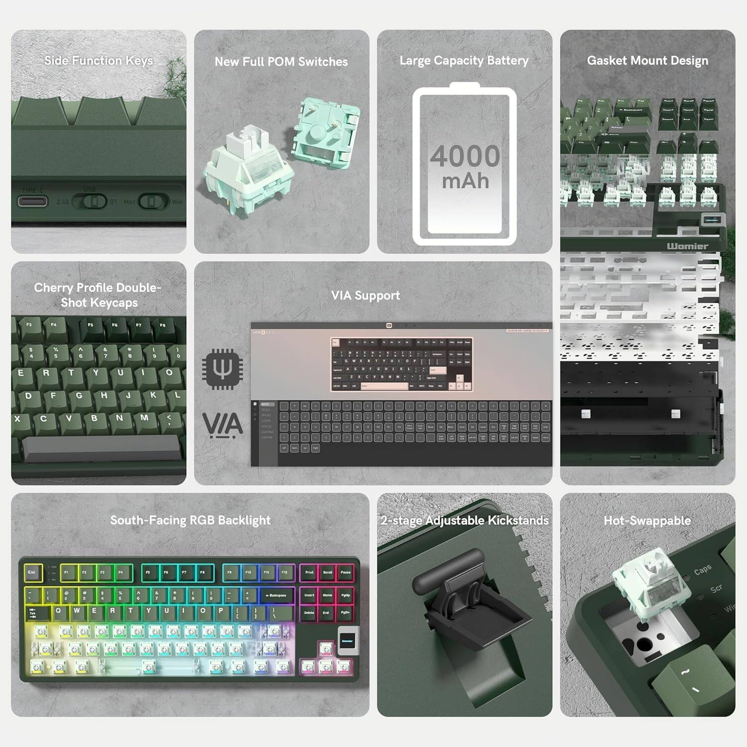Sure, here is the corrected and grouped text from the image:

---

**Side Function Keys**

**New Full POM Switches**

**Large Capacity Battery**

**Gasket Mount Design**

**Cherry Profile Double-Shot Keycaps**

**VIA Support**

**South-Facing RGB Backlight**

**2-stage Adjustable Kickstands**

**Hot-Swappable**

**4000 mAh**

**TYC 2.40**

**Womier**

**Caps Ser Wi CI**

**L C 1 C C C tH C A C L C C C F D D C L C 4 T . G L de C + L A F L 2**

---

This text is organized based on the features and specifications mentioned in the image.