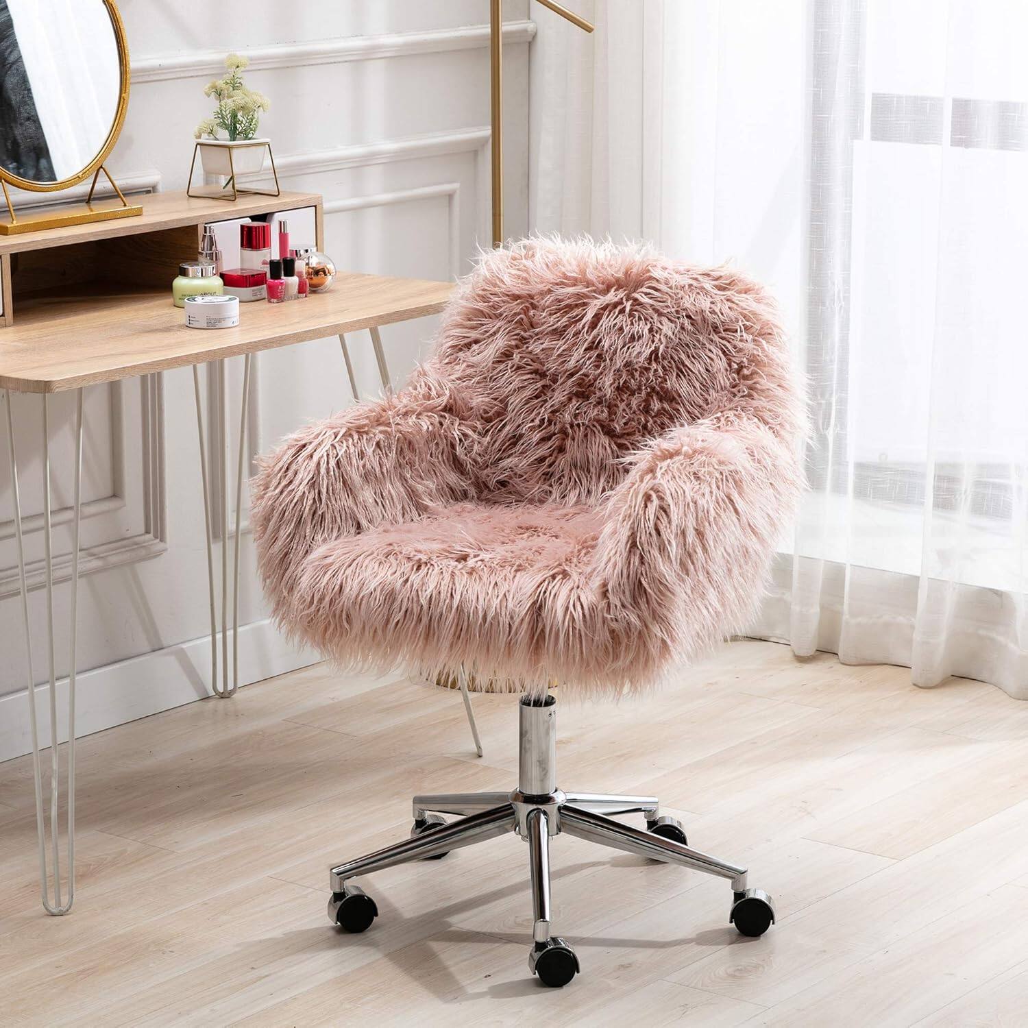Alt View 5. Trinkets Crazed - Faux Fur Home Office Chair Modern Faux Fur Accent Chair Furry Makeup Desk Chairs with Rolling Wheels Armrest - Pink.