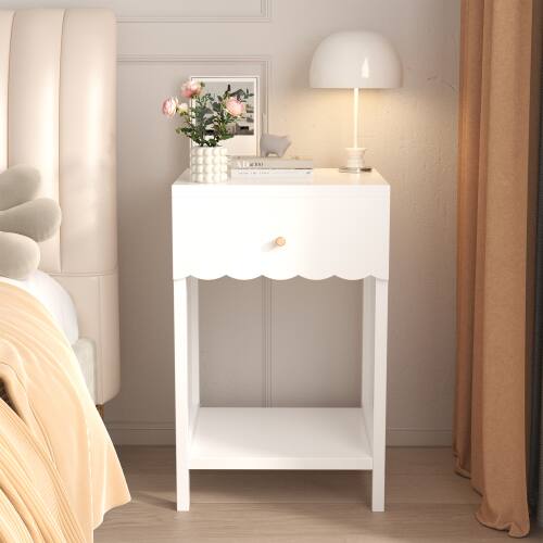 Left. LUCKY ONE - 26.8" Assembled Nightstand 1-Drawer 1-Shelf Scalloped Edge - White.