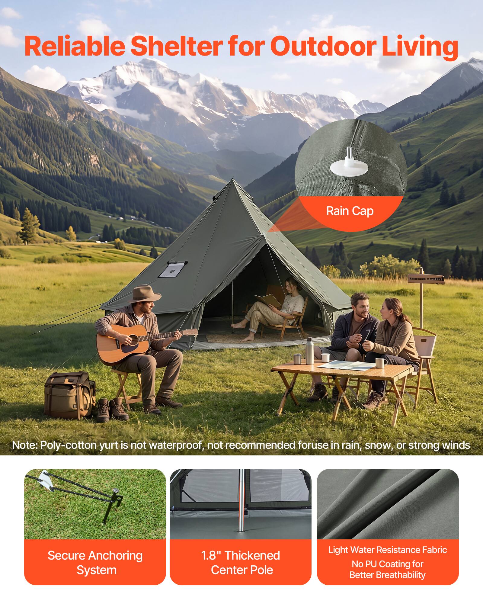Reliable Shelter for Outdoor Living

Rain Cap

Note: Poly-cotton yurt is not waterproof, not recommended for use in rain, snow, or strong winds

Secure Anchoring System

1.8" Thickened Center Pole

Light Water Resistance Fabric No PU Coating for Better Breathability