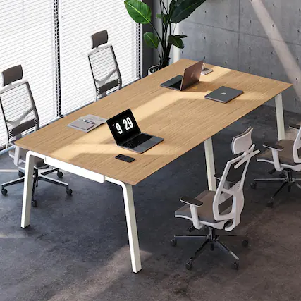 Front. Acanva - Modular Computer Office Desk, Study Writing Workstation Table for Home & Business, Team Desk – 4 Person - Natural.