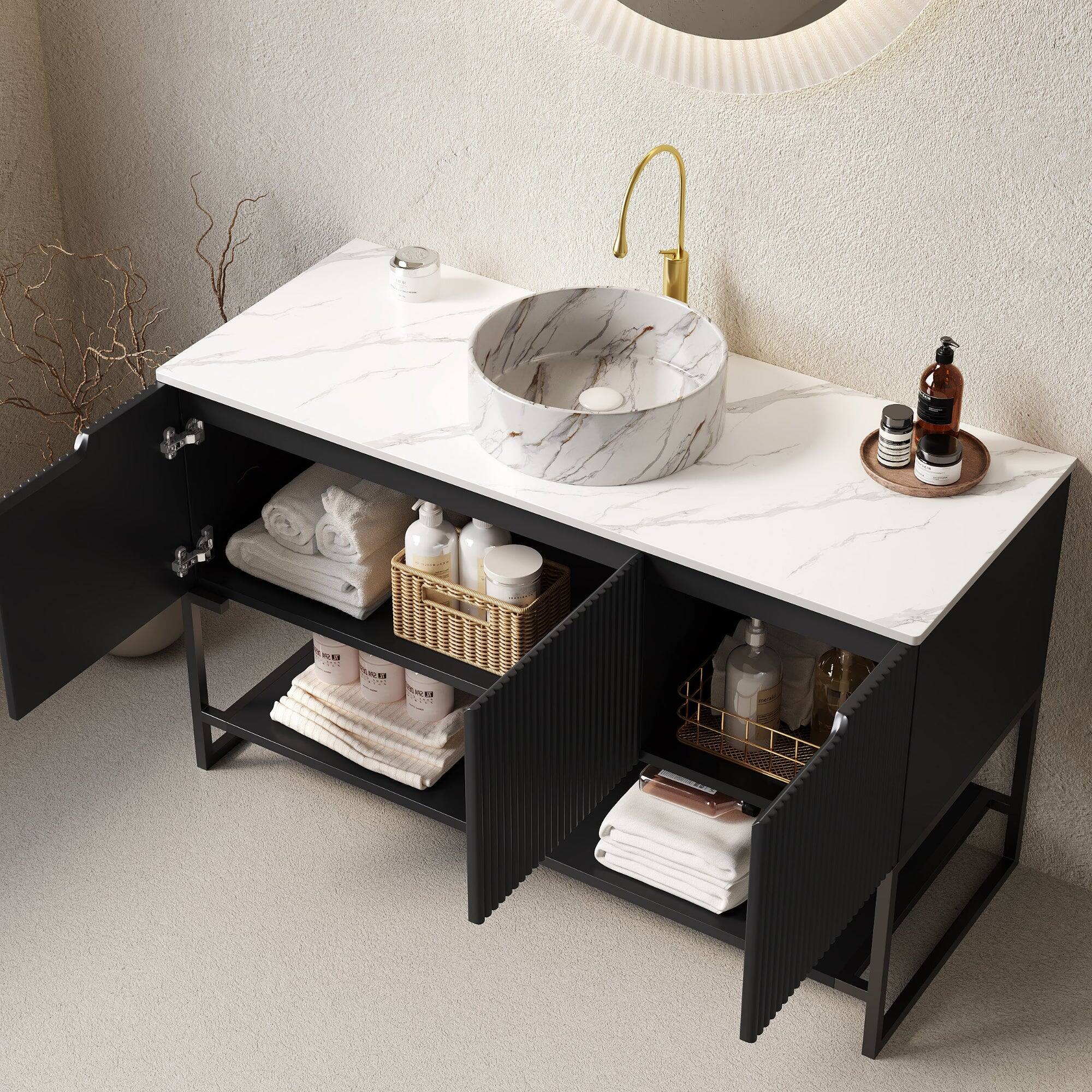 Alt View 2. Boyel Living - 48 Bathroom Vanity with White Round Ceramic Basin Stone Pattern Carrara White Sintered Stone Top Black - Black,Carrara White,White.